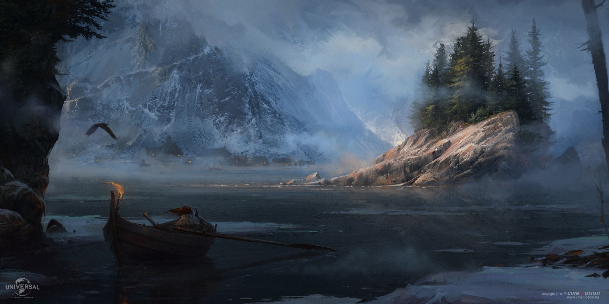 Viking boat on a misty lake with mountains and forest HD Wallpaper