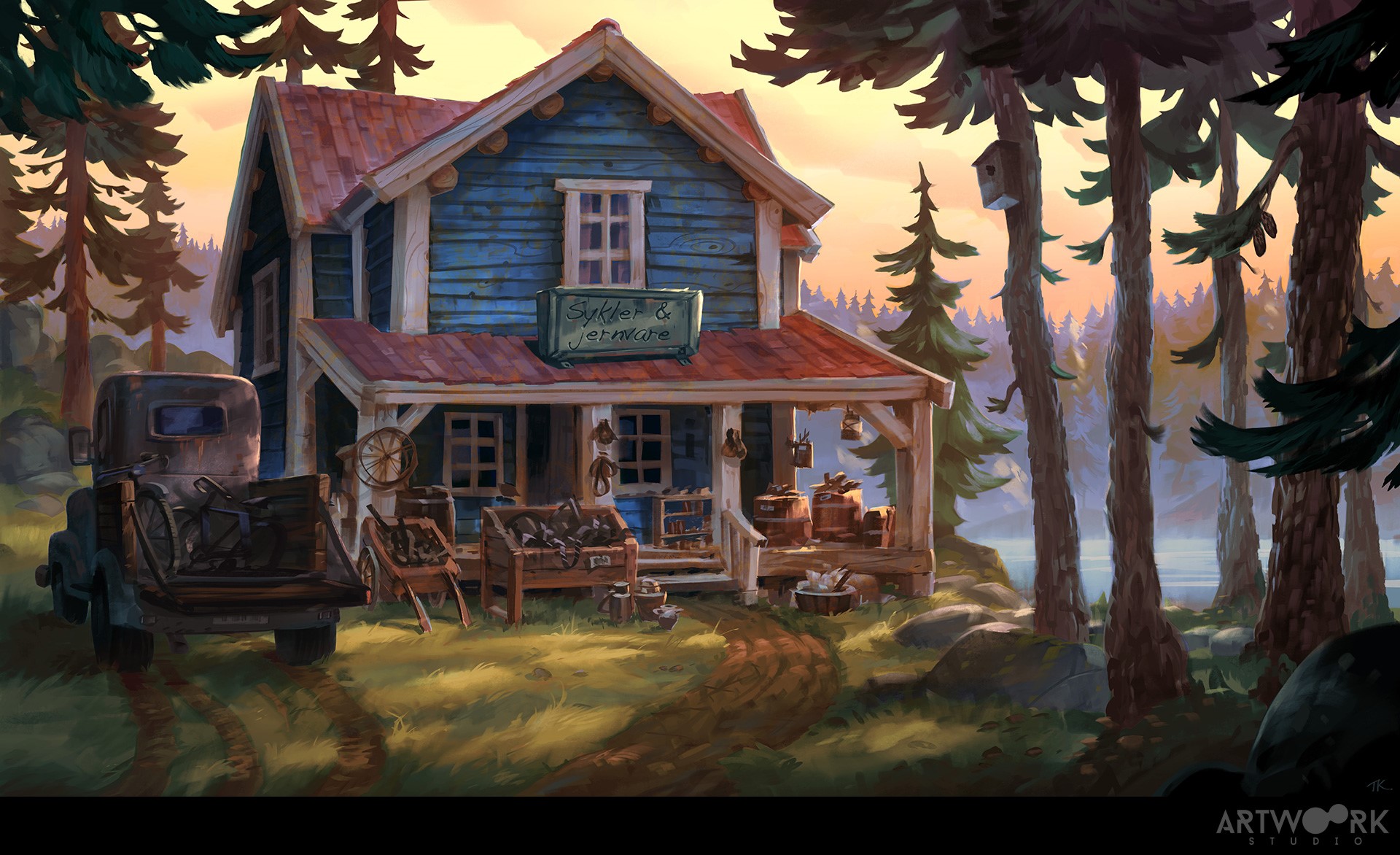 General store in a forest with a pickup truck HD Wallpaper
