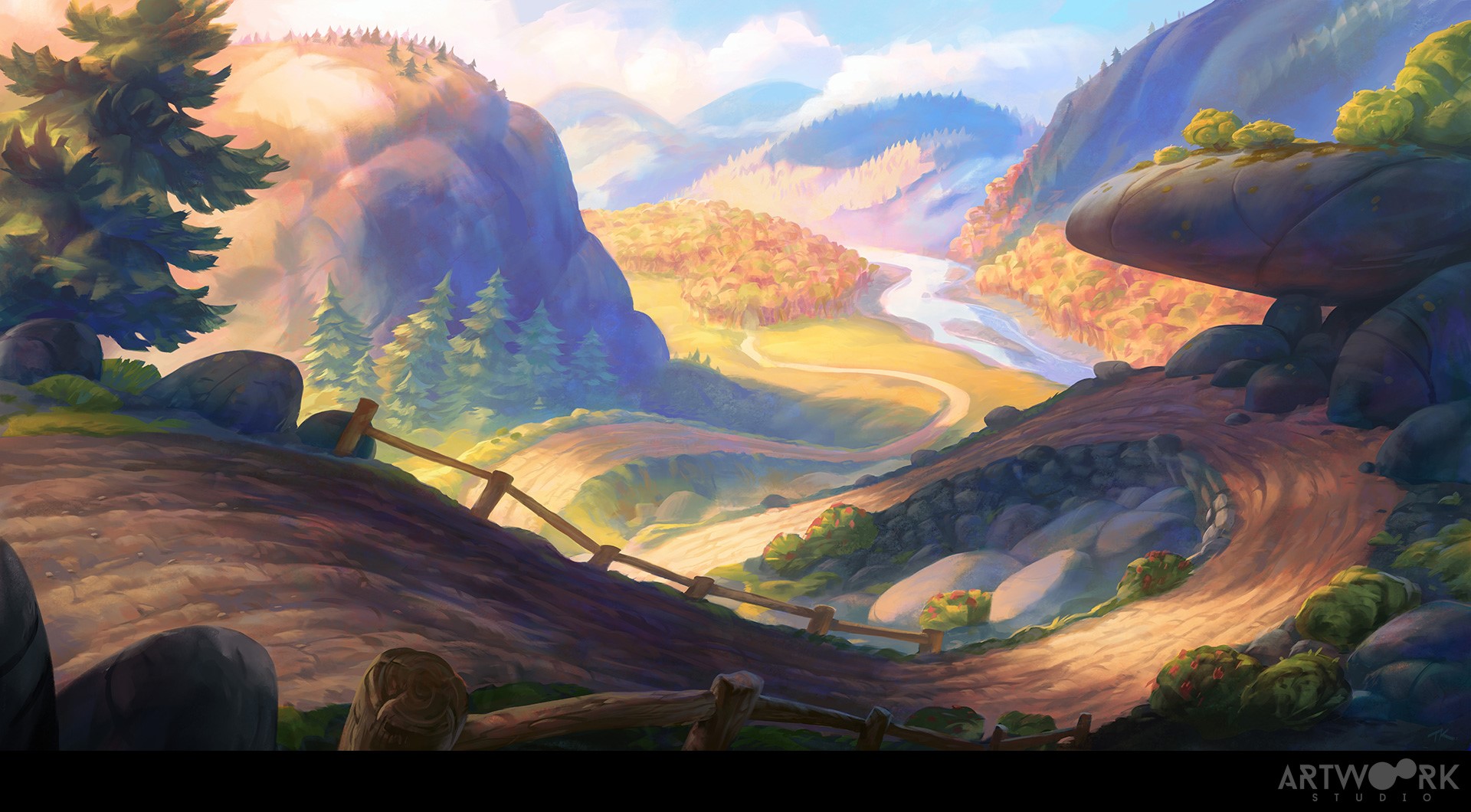 Digital art landscape of mountains, river, and road HD Wallpaper