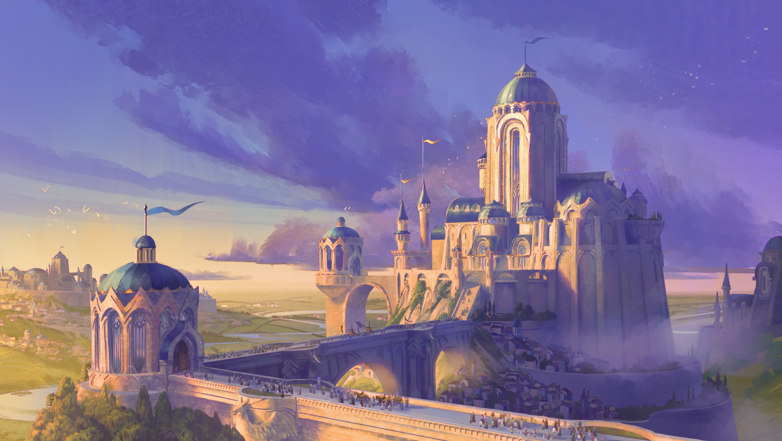 Fantasy castle architecture with crowds and sky HD Wallpaper
