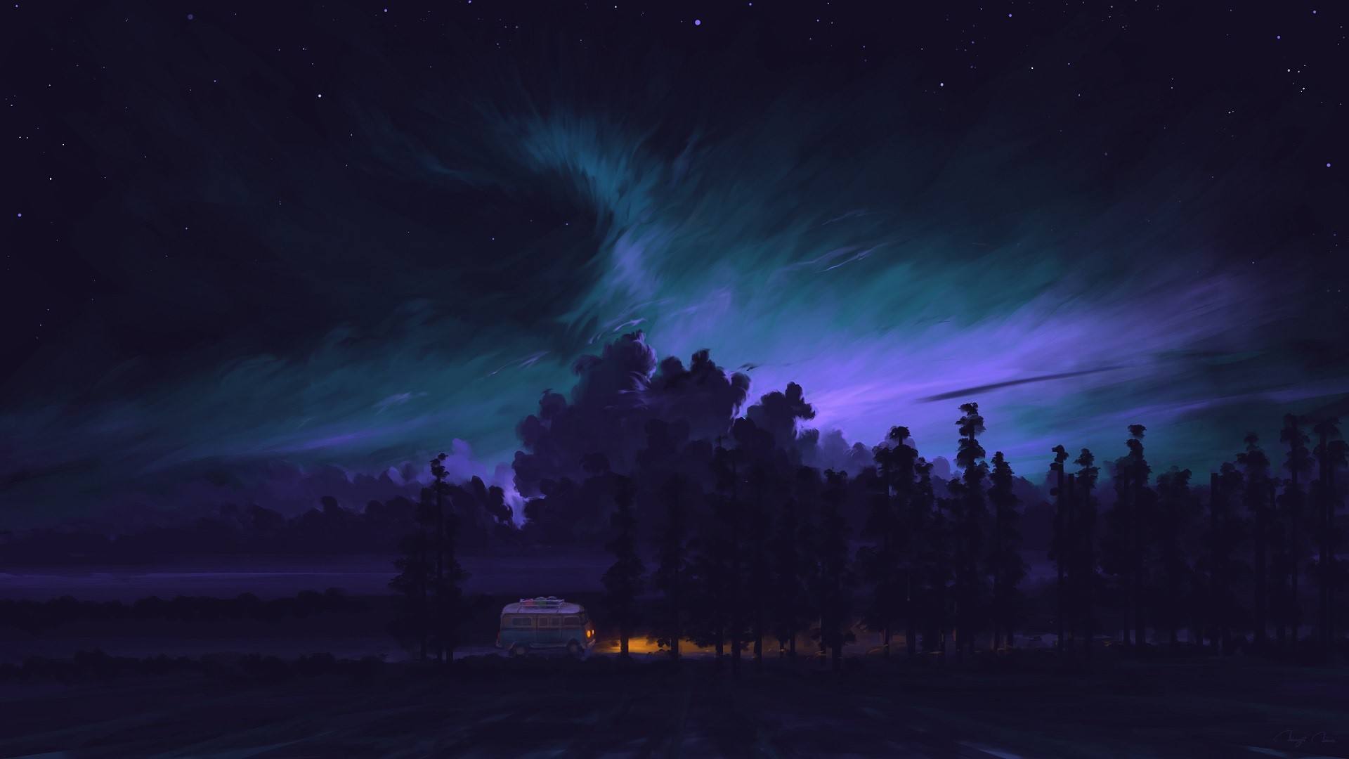 Night sky with aurora over a forest and a camper van HD Wallpaper