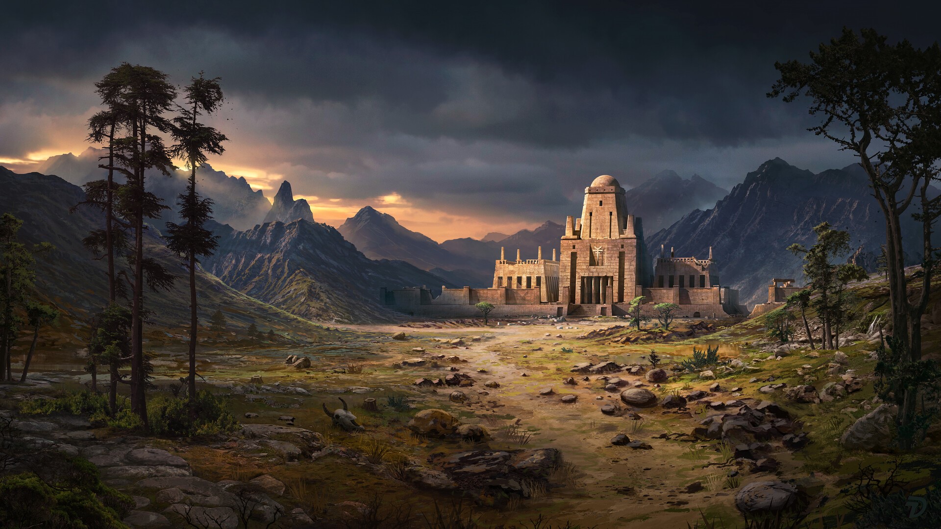 Fantasy castle in a mountainous landscape at sunset HD Wallpaper