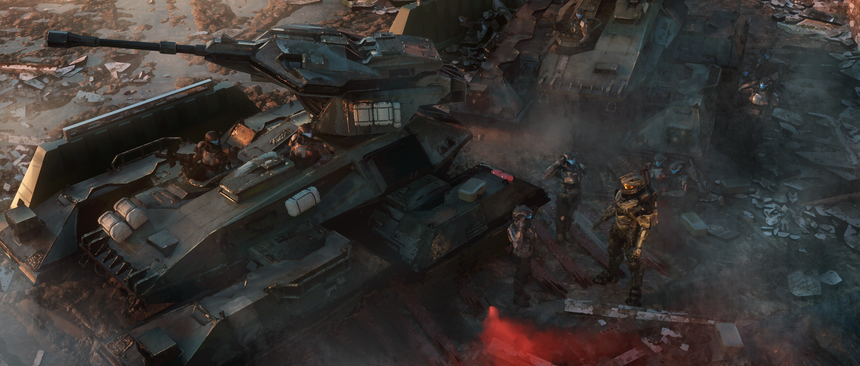 Master Chief and UNSC soldiers with a Scorpion tank in a warzone HD Wallpaper