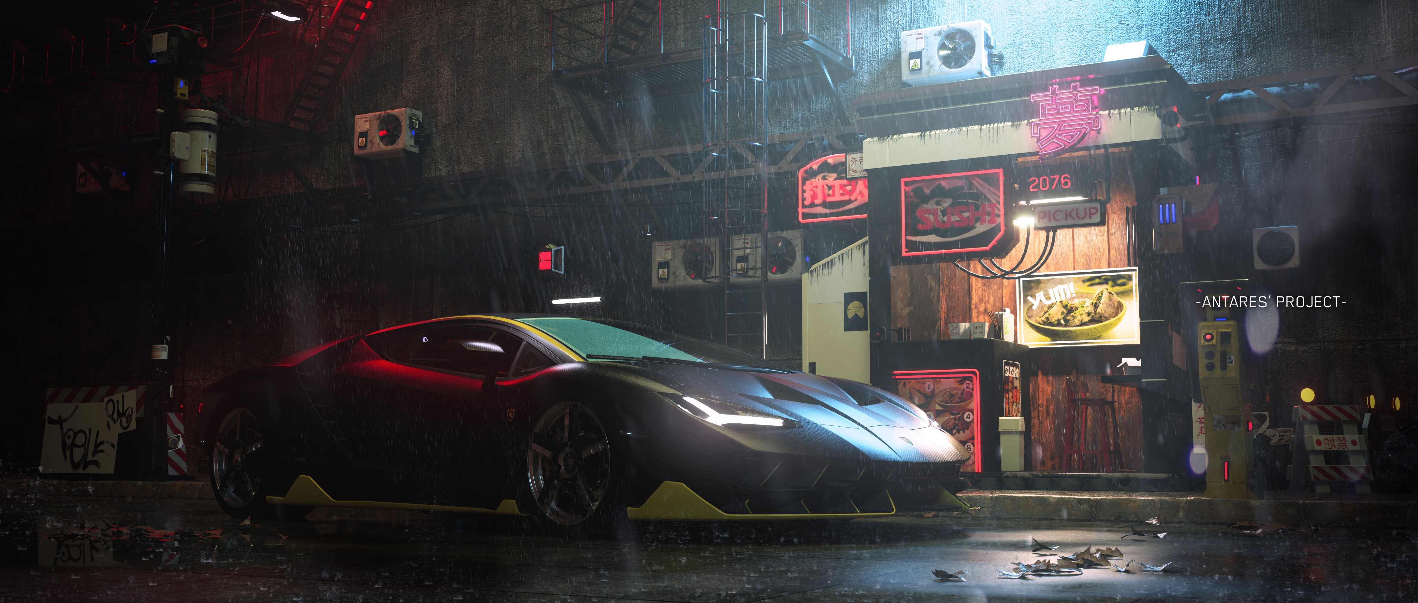 Lamborghini Centenario in a rainy cyberpunk alley HD Wallpaper