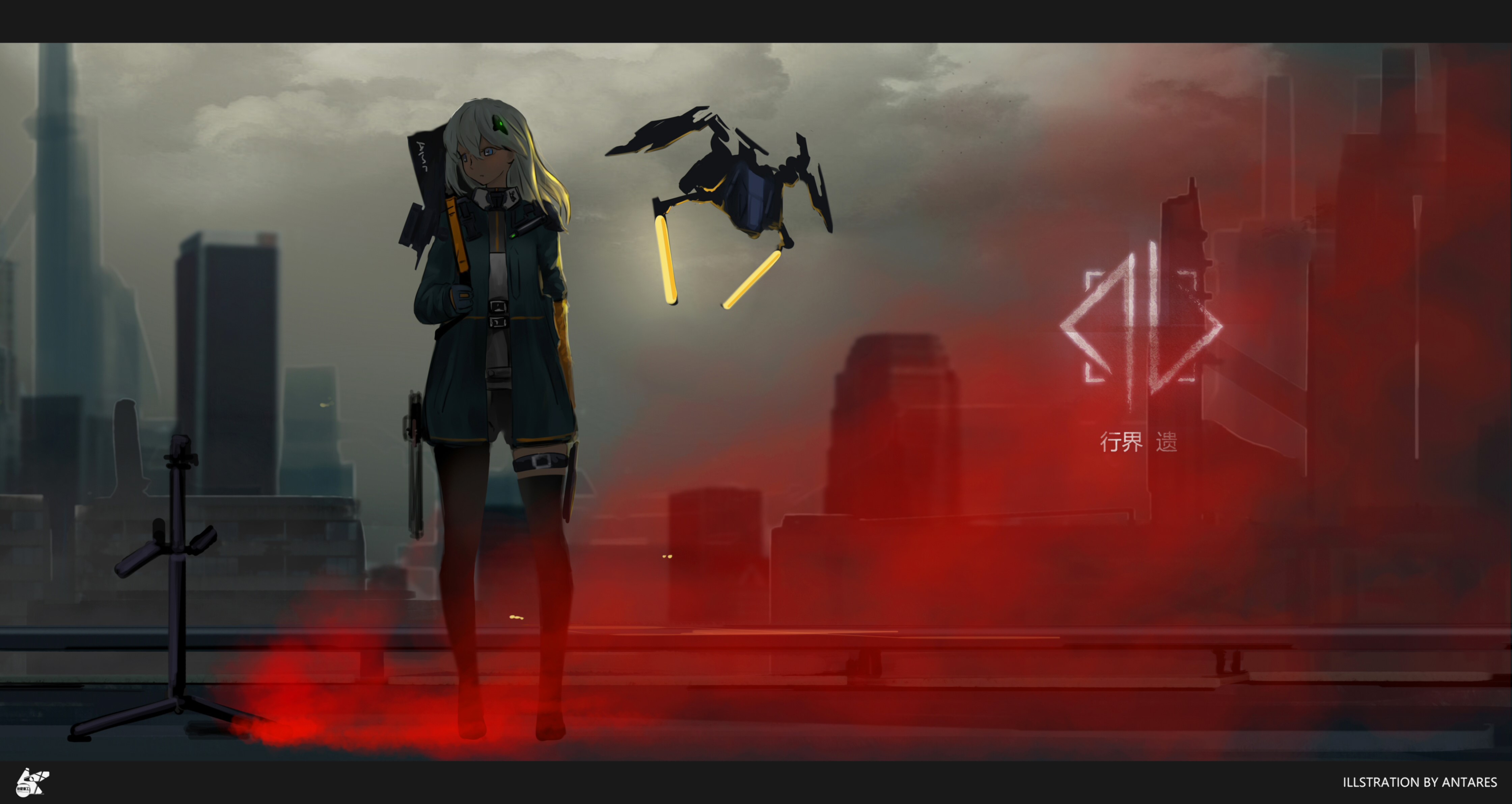 Anime girl with drone in sci-fi city HD Wallpaper