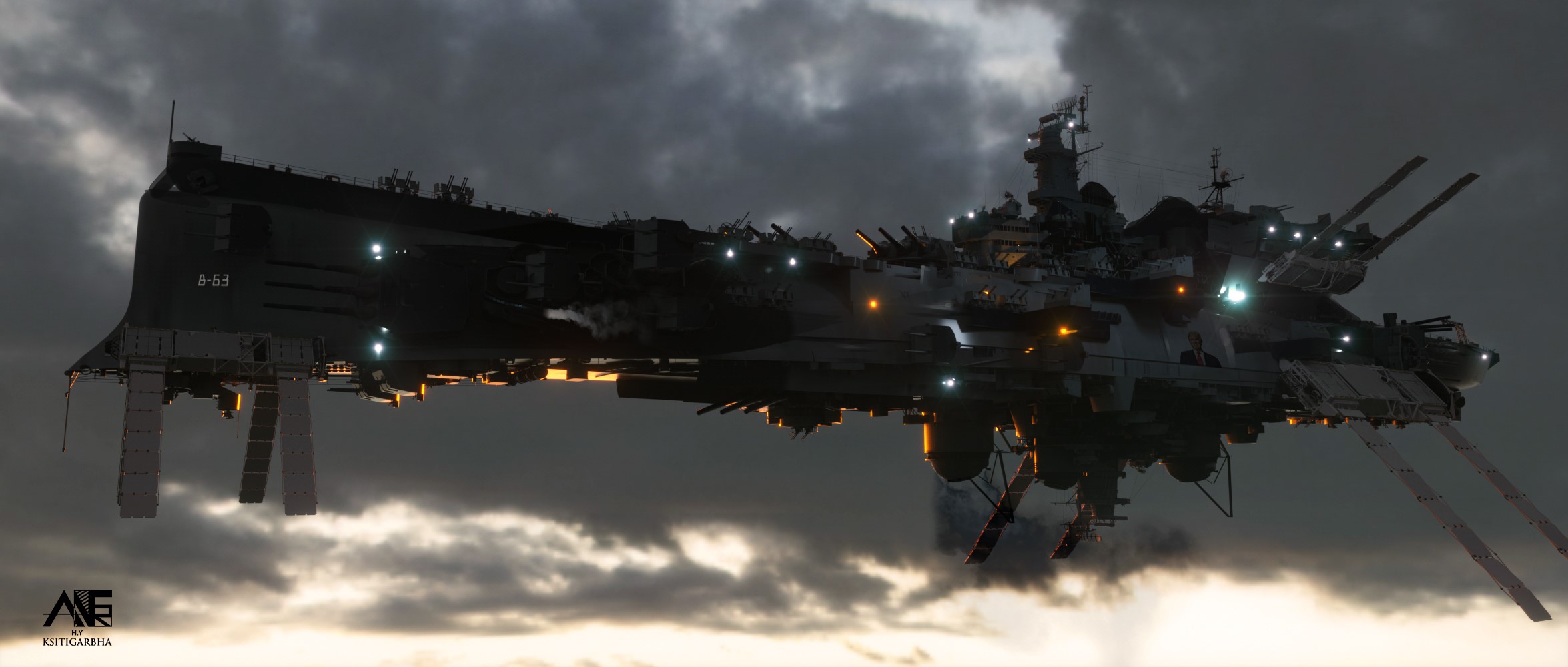 B-63 Science Fiction Battleship in Cloudy Sky HD Wallpaper