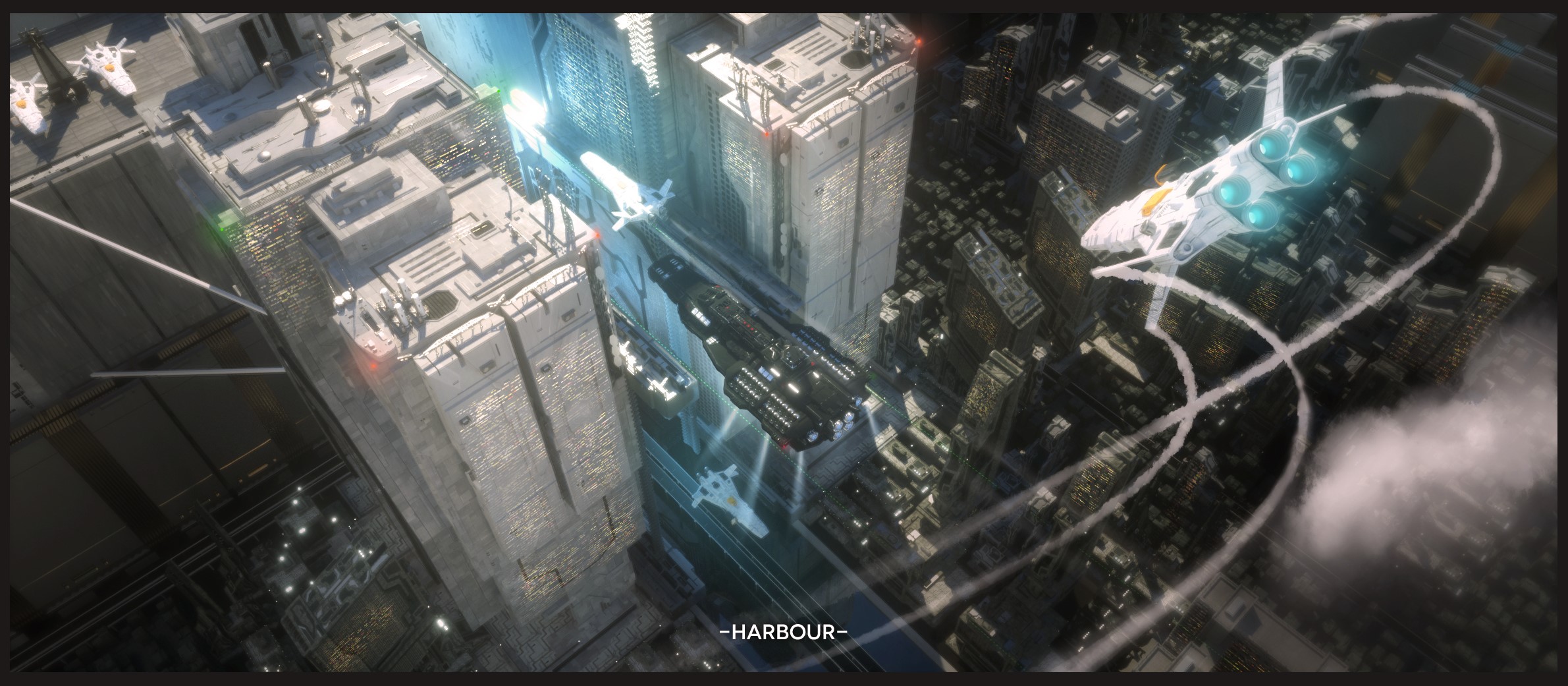 Science fiction city with flying vehicles HD Wallpaper