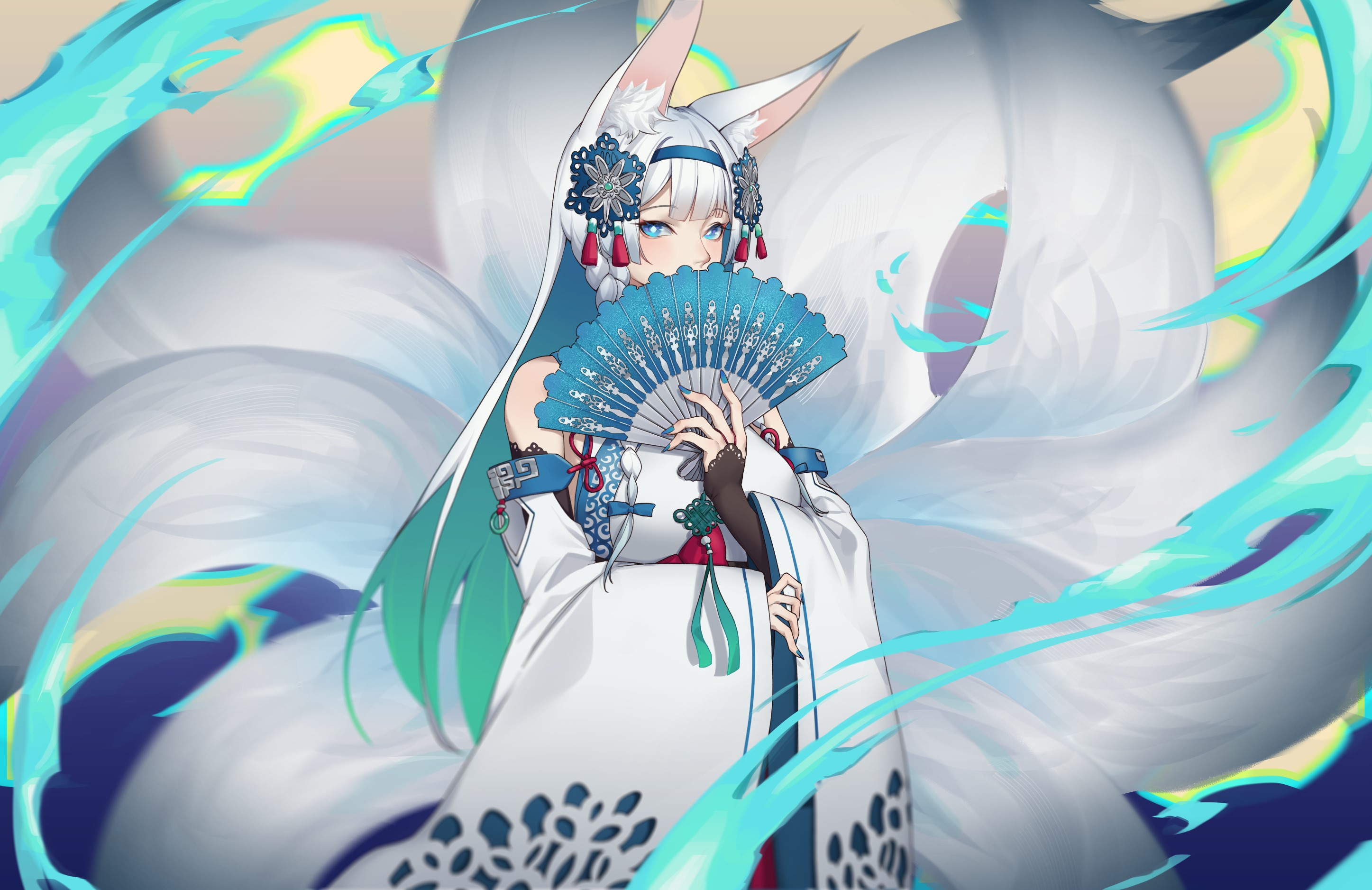 Fox girl with white hair and blue eyes holding a fan HD Wallpaper