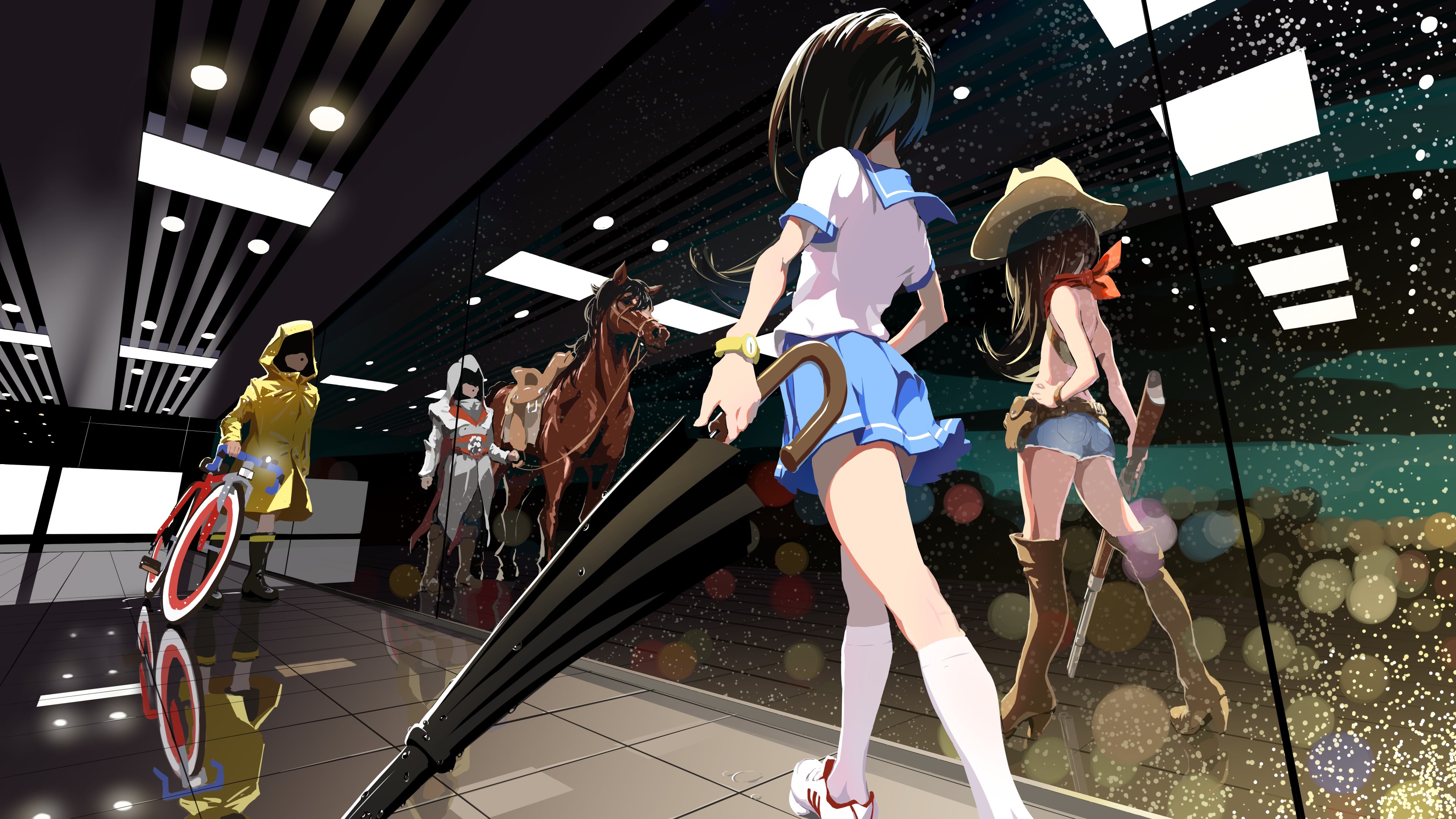 Anime girls with horses and a bicycle HD Wallpaper