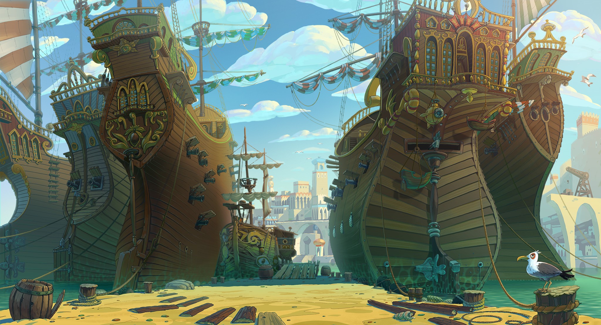 Fantasy harbor with ornate ships and seagulls HD Wallpaper