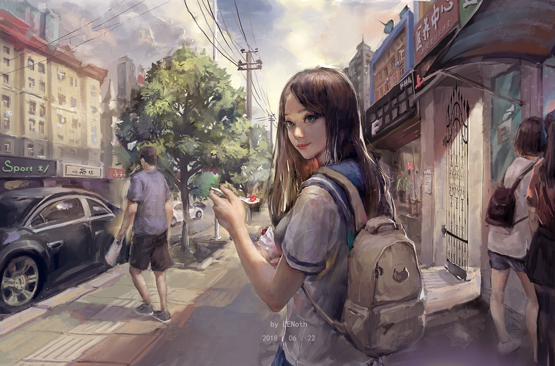 Young woman with backpack on a city street HD Wallpaper