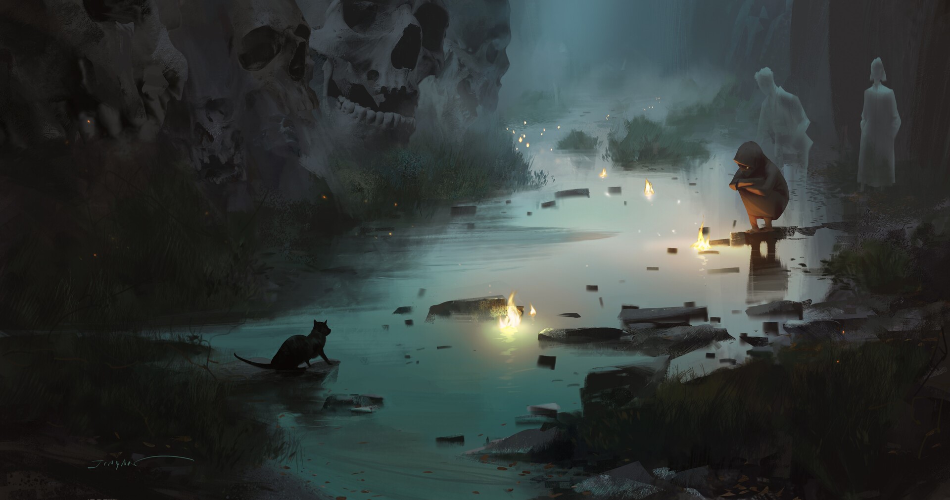 Illustration of a dark fantasy scene with skulls and ghosts HD Wallpaper