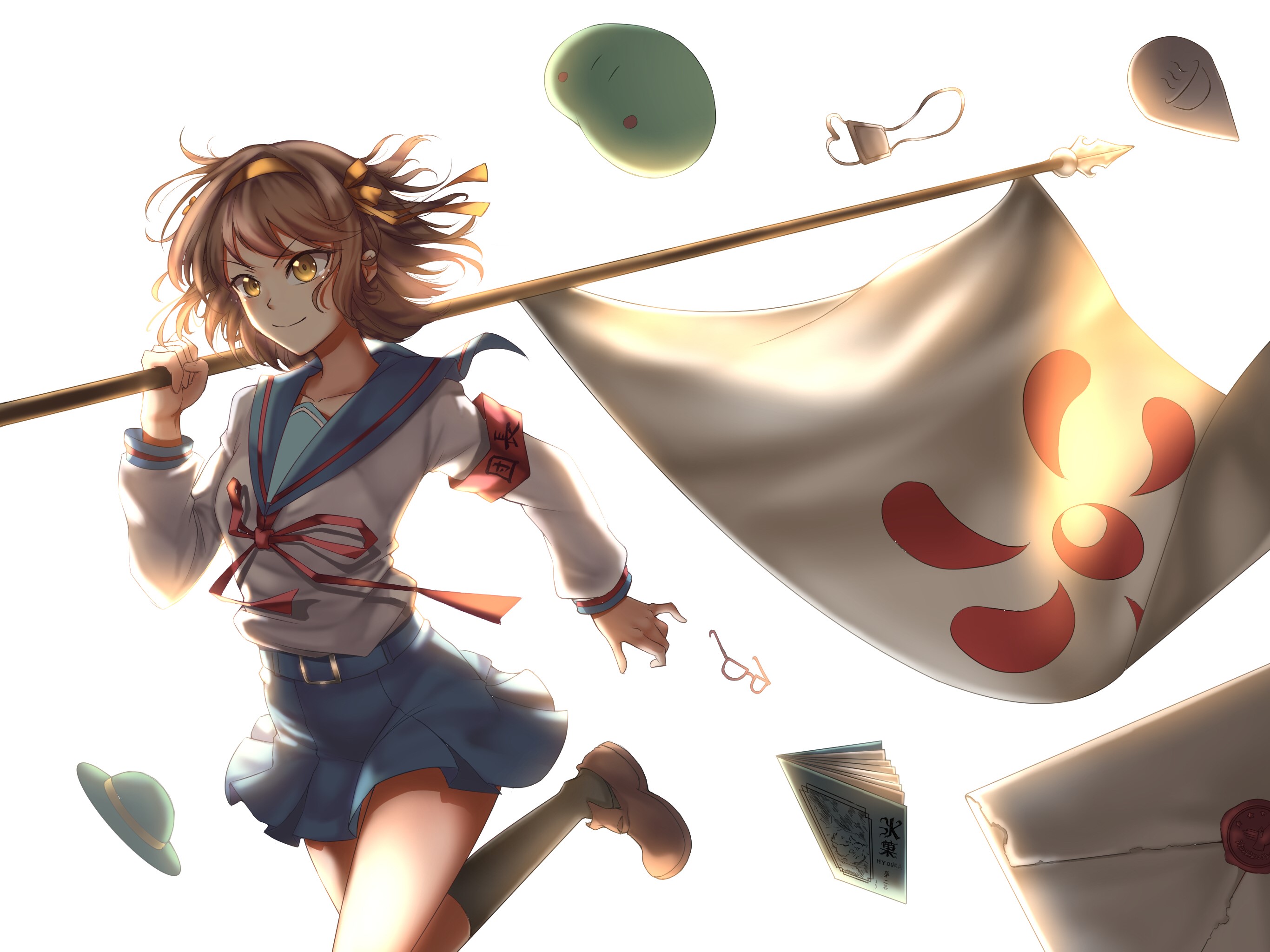 Haruhi Suzumiya from The Melancholy of Haruhi Suzumiya holding a flag HD Wallpaper