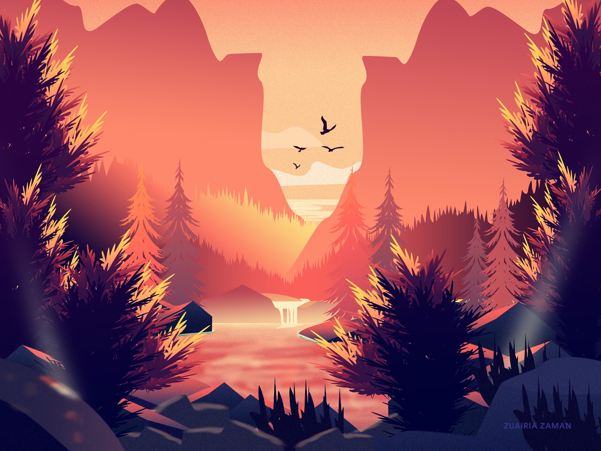 Digital art landscape with mountains and trees HD Wallpaper