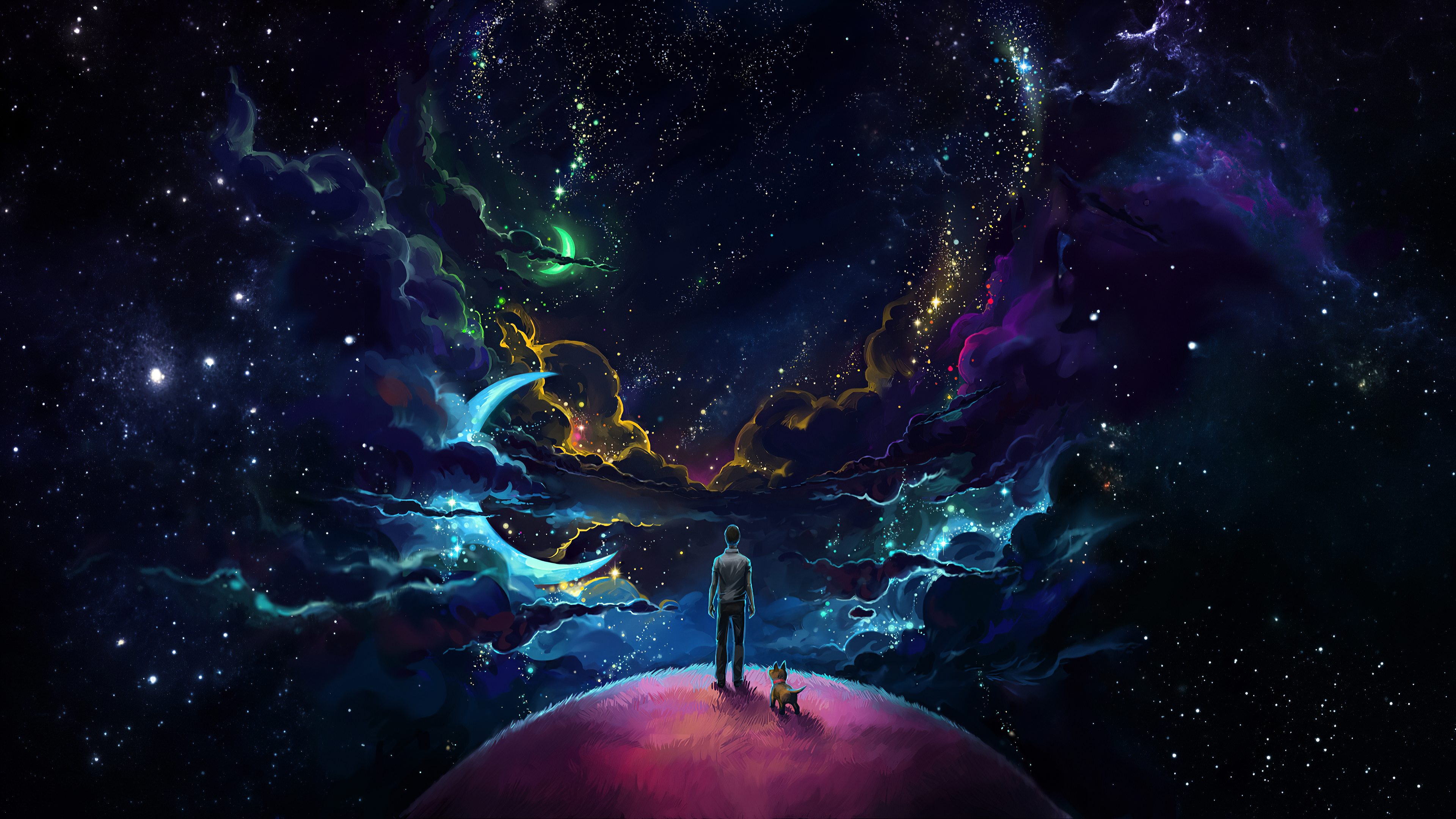 Man and dog on planet looking at galaxy HD Wallpaper