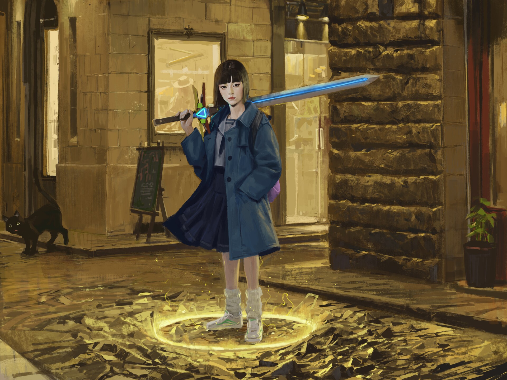 Girl with glowing sword and black cat HD Wallpaper