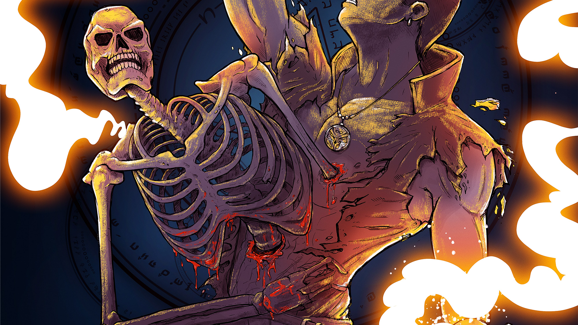 Skeleton emerging from a person with magic circle HD Wallpaper