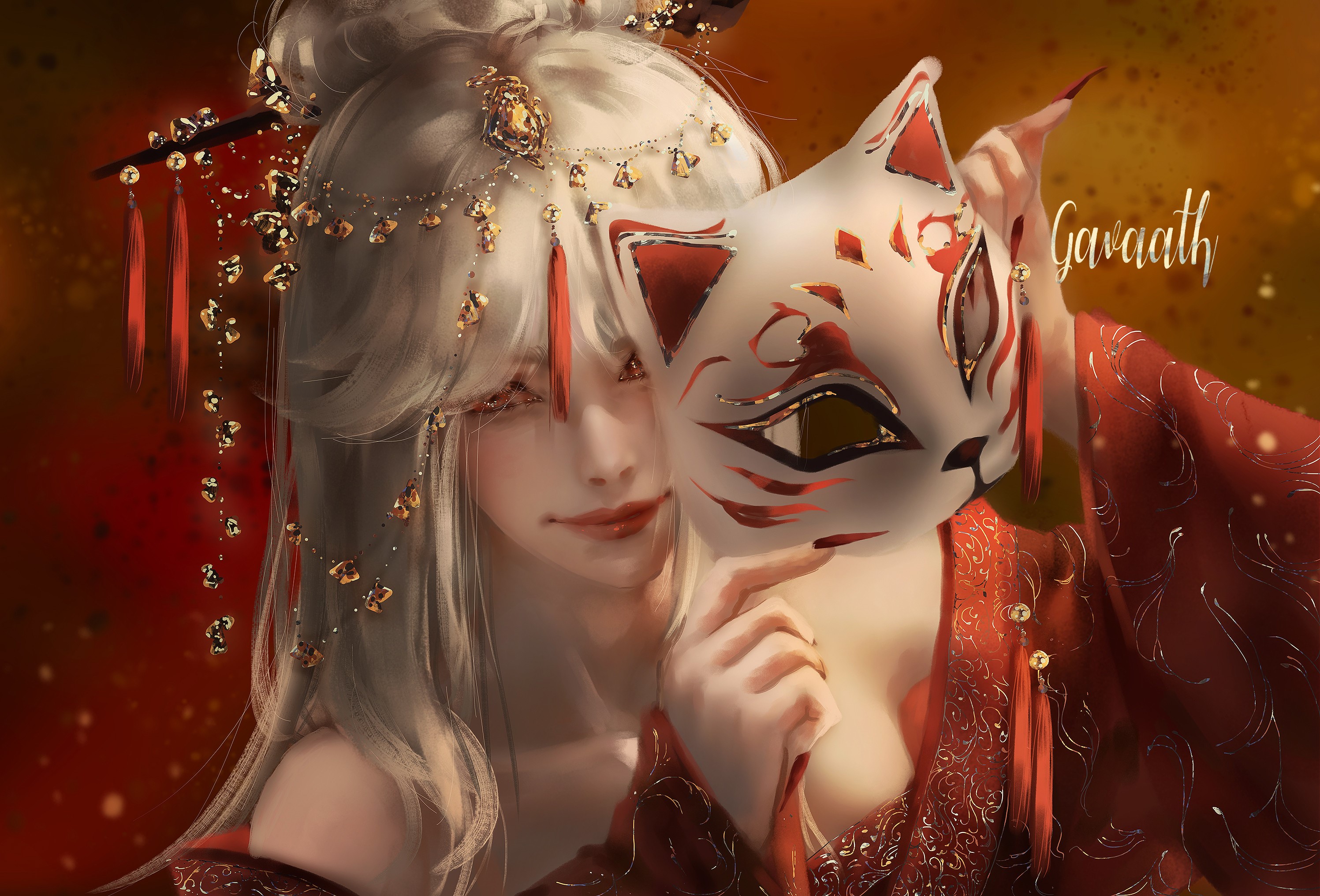Woman with white hair wearing a Kitsune mask and red kimono HD Wallpaper