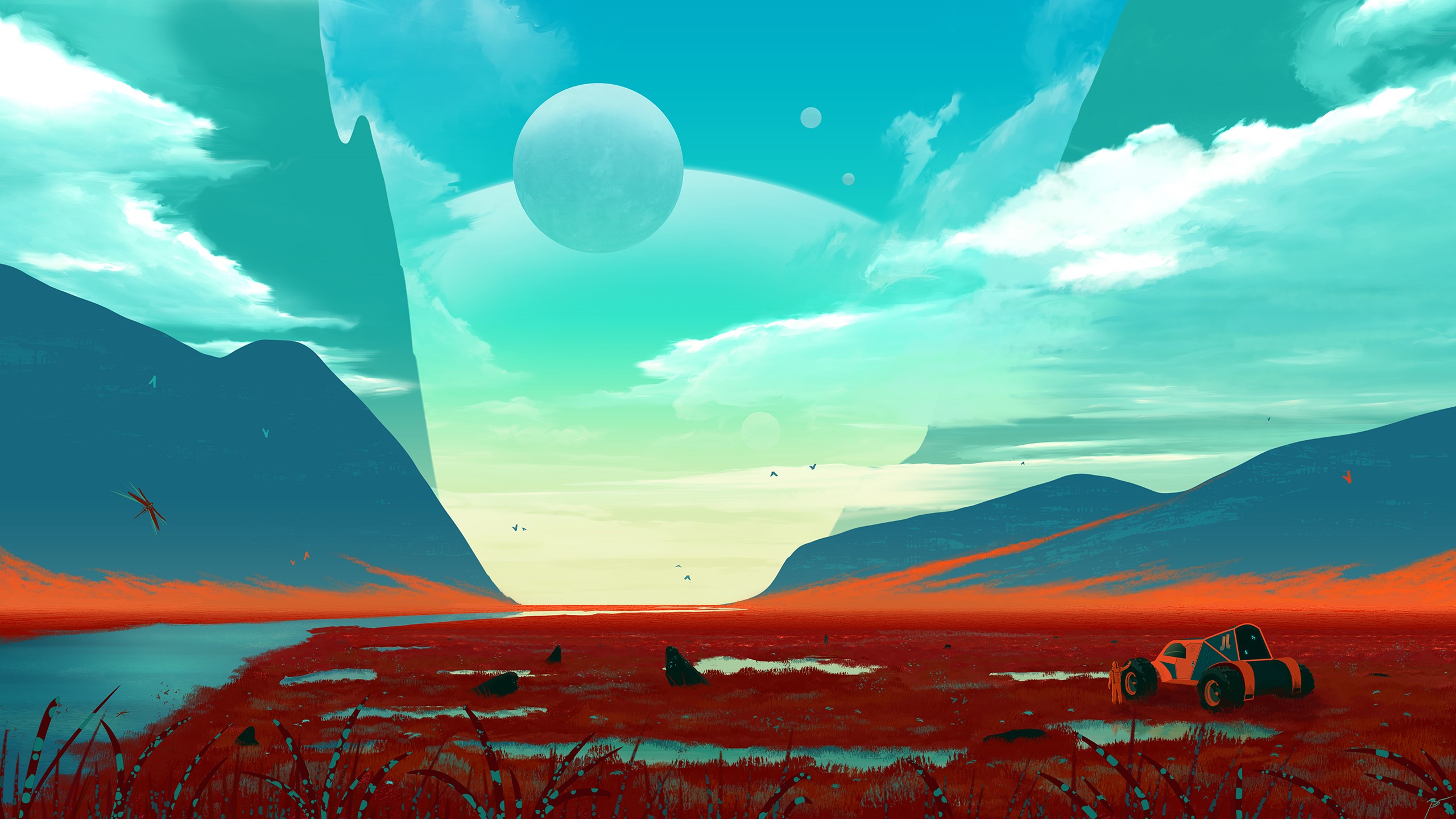 Alien landscape with planets and a vehicle HD Wallpaper