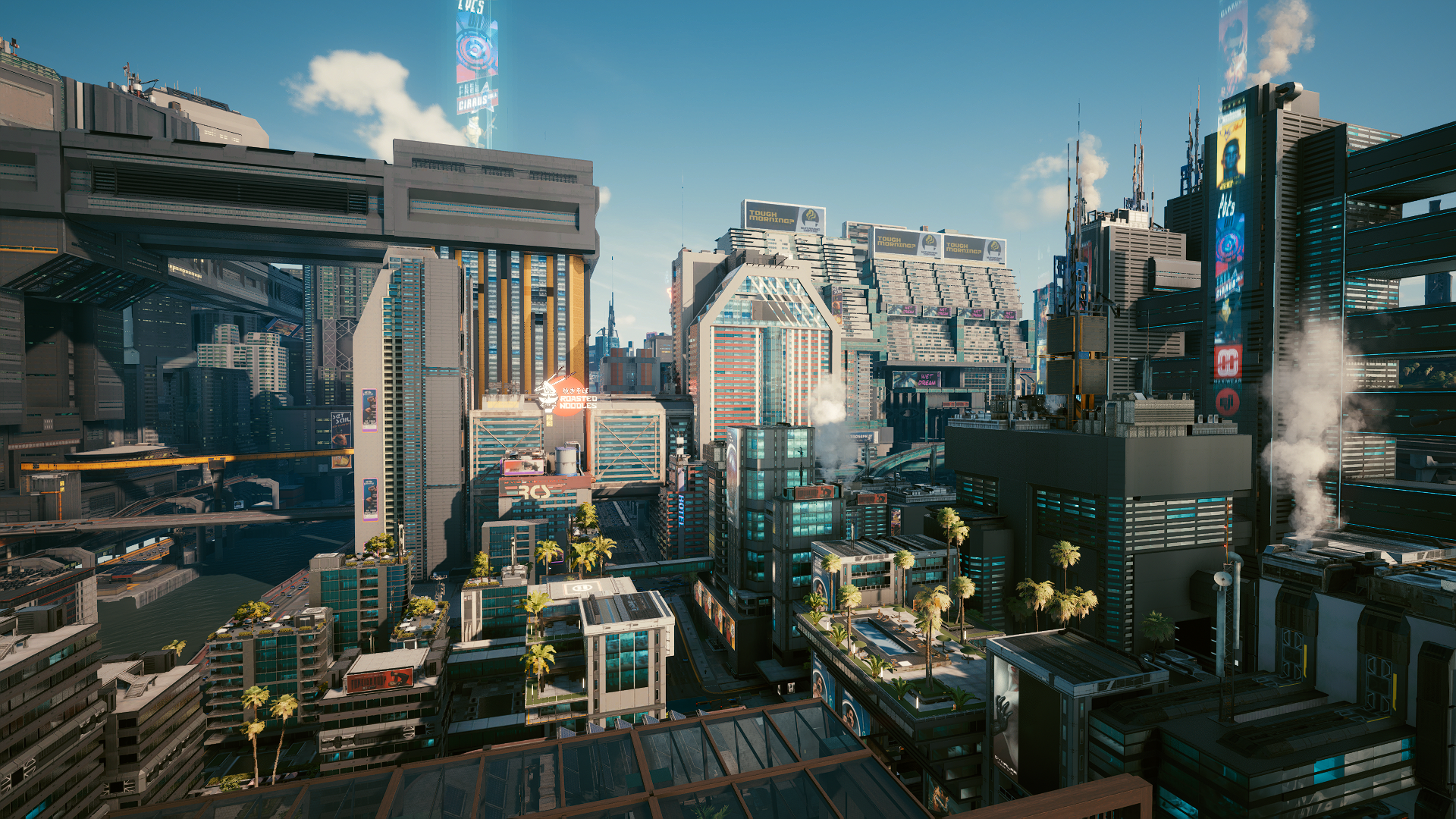 Cyberpunk 2077 cityscape with futuristic buildings HD Wallpaper