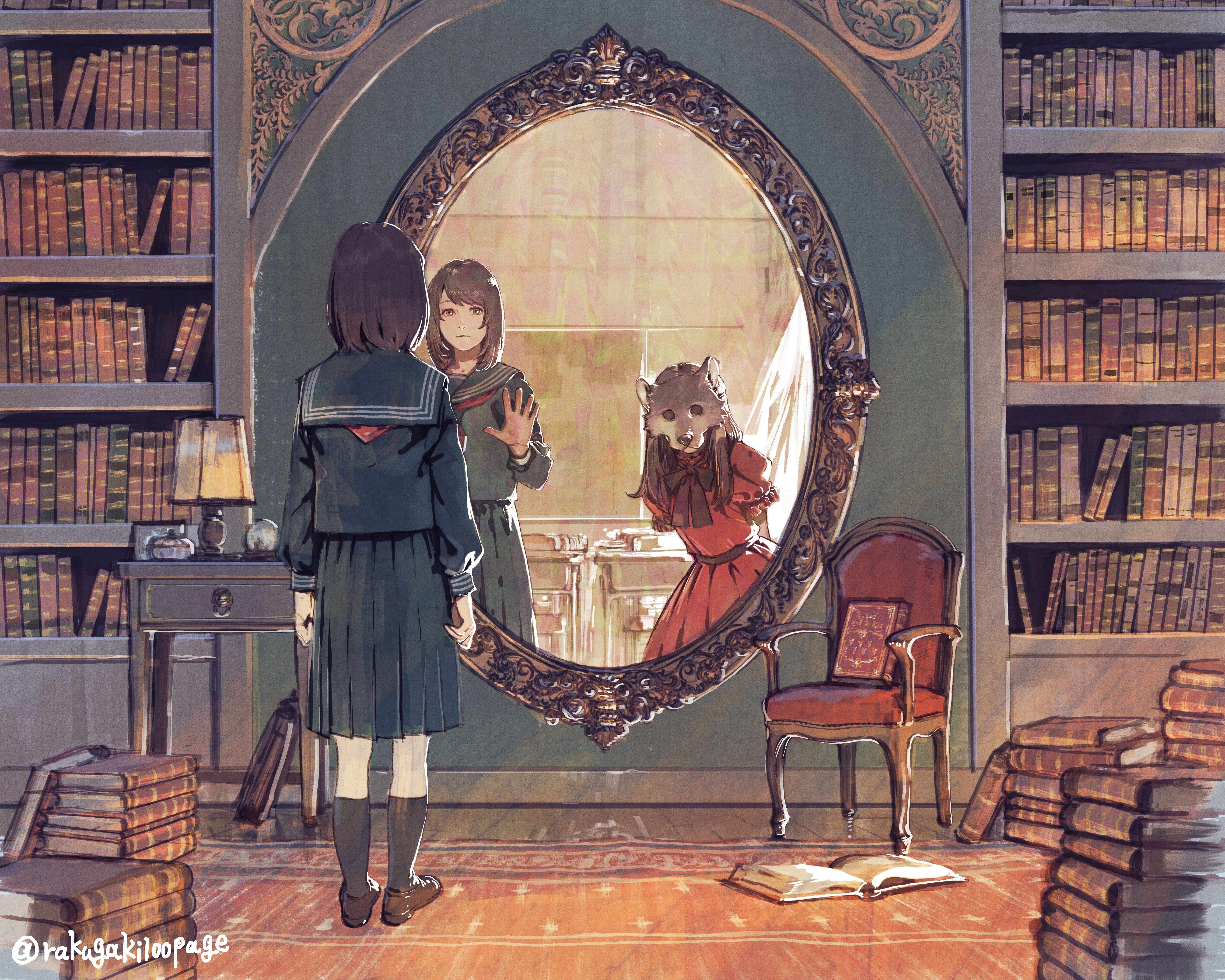 Girl in school uniform looking into a mirror with a wolf mask reflection HD Wallpaper
