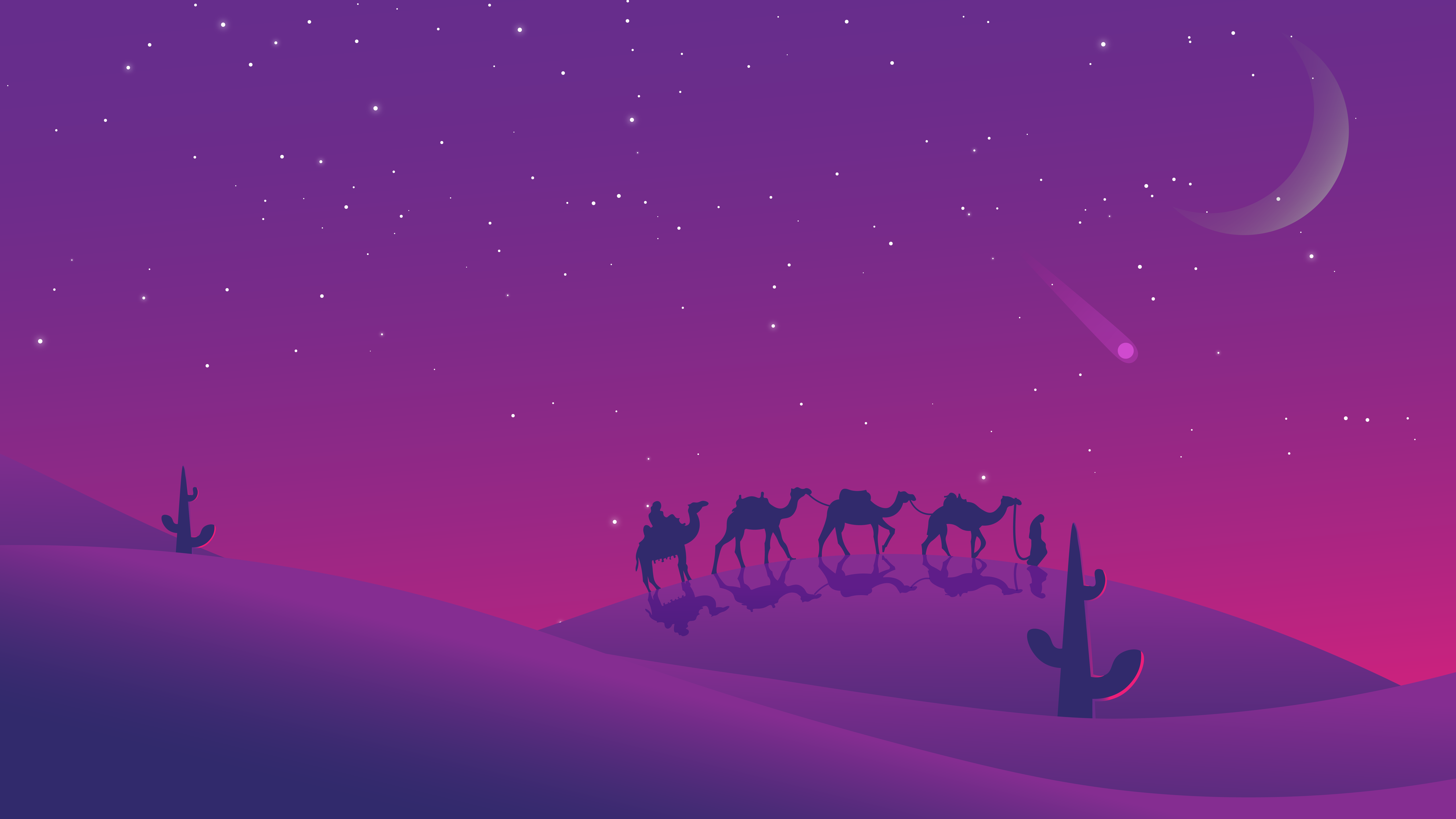 Desert landscape at night with camels and stars HD Wallpaper
