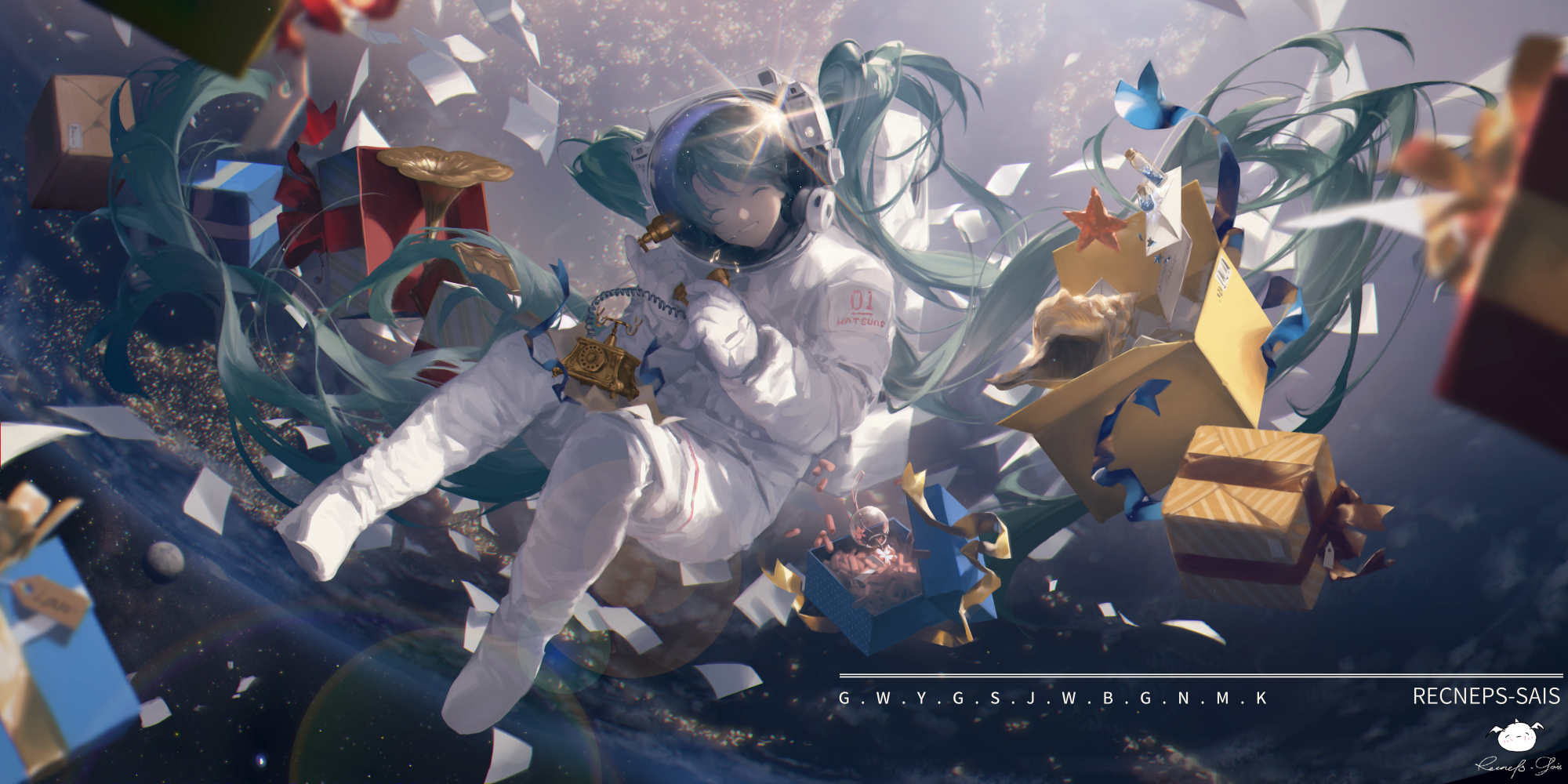 Hatsune Miku in a spacesuit surrounded by gifts HD Wallpaper