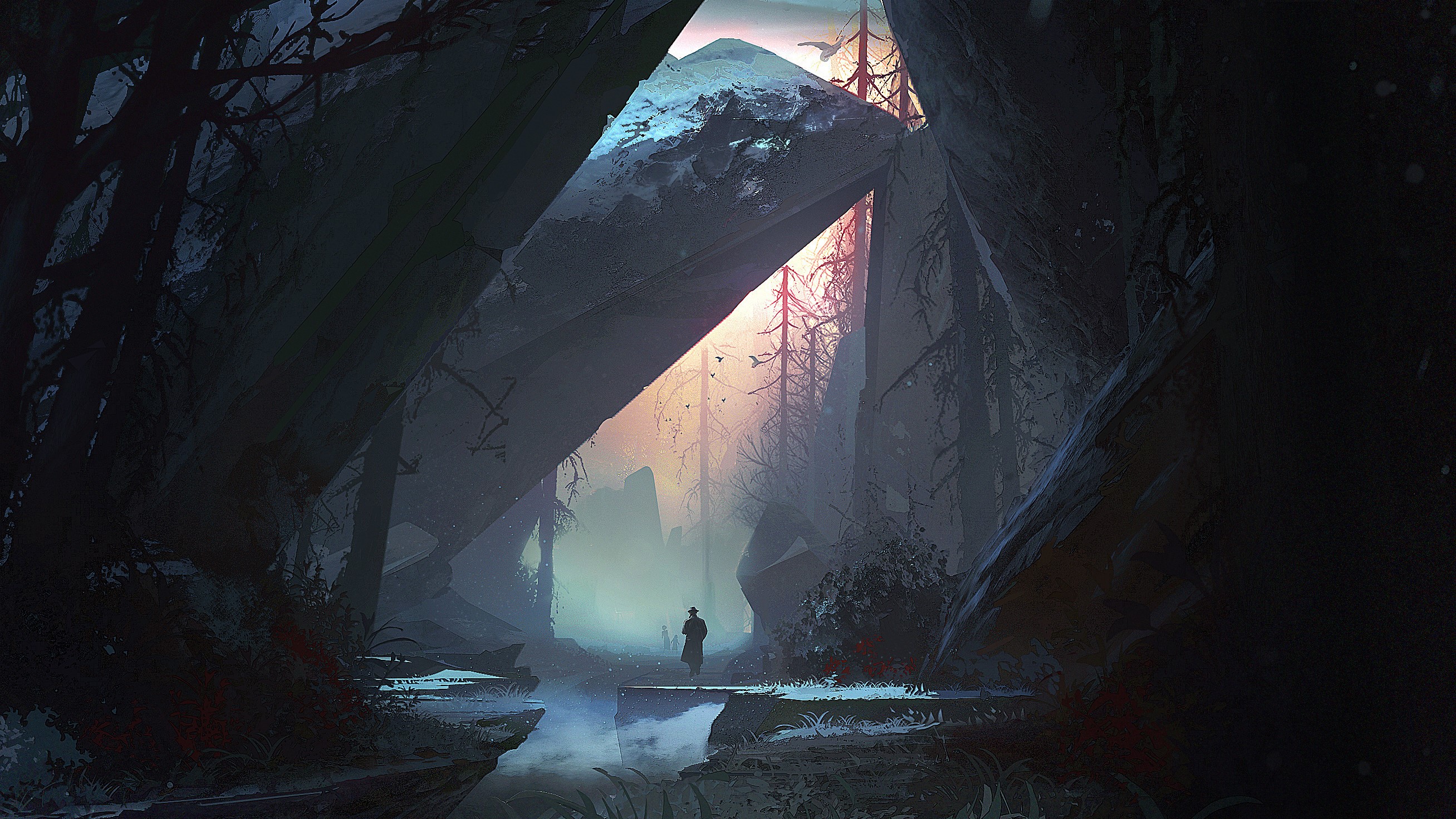 Digital artwork of a person in a forest HD Wallpaper