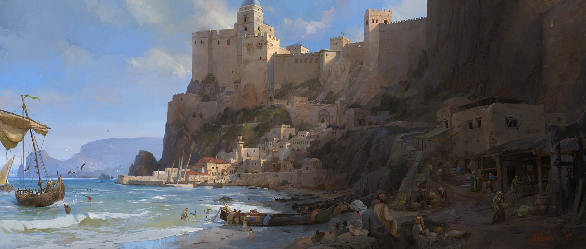 Fantasy coastal city with a large castle overlooking the sea HD Wallpaper