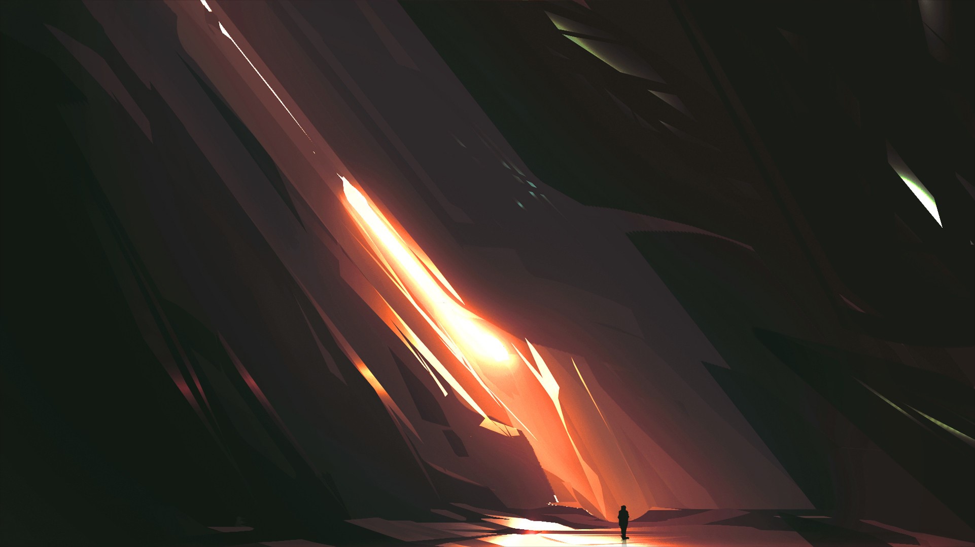 A lone figure stands before a glowing crystal formation in a dark cave. HD Wallpaper