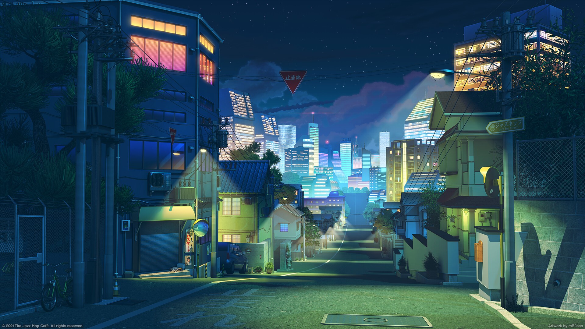Night cityscape with modern buildings and street HD Wallpaper