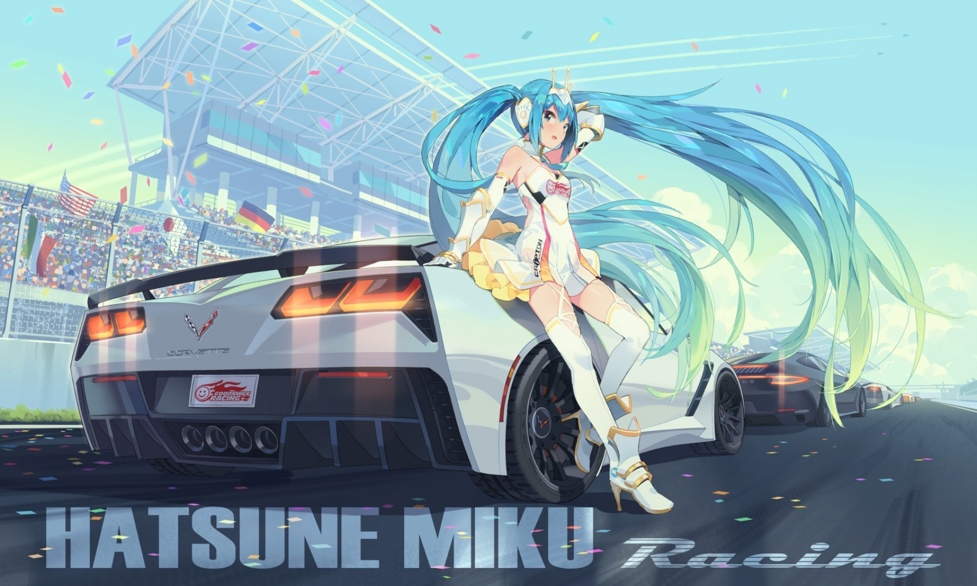 Hatsune Miku Racing with Corvette at Racetrack HD Wallpaper