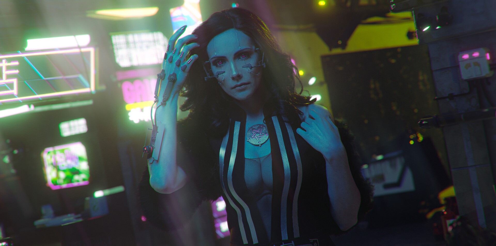 Cyberpunk woman with cybernetic arm in neon city HD Wallpaper