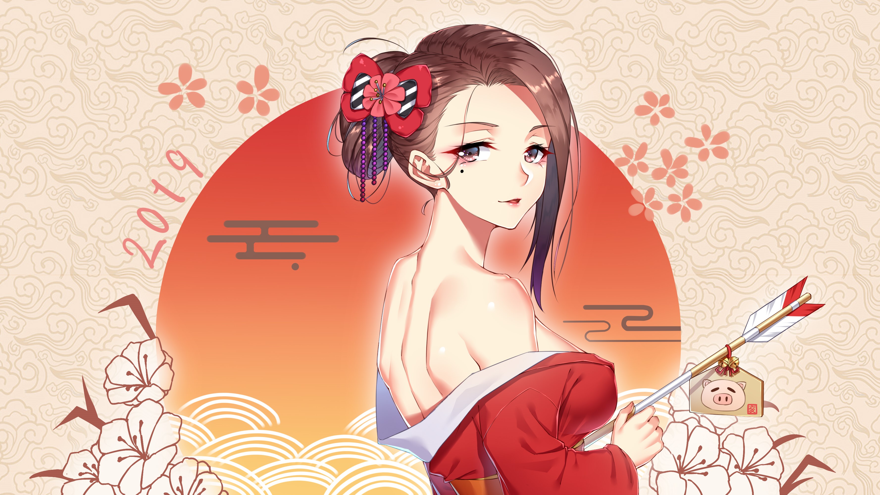 Anime girl in kimono with arrow and pig charm HD Wallpaper