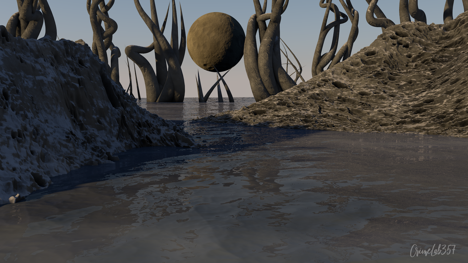 Surreal landscape with strange trees and a sphere HD Wallpaper