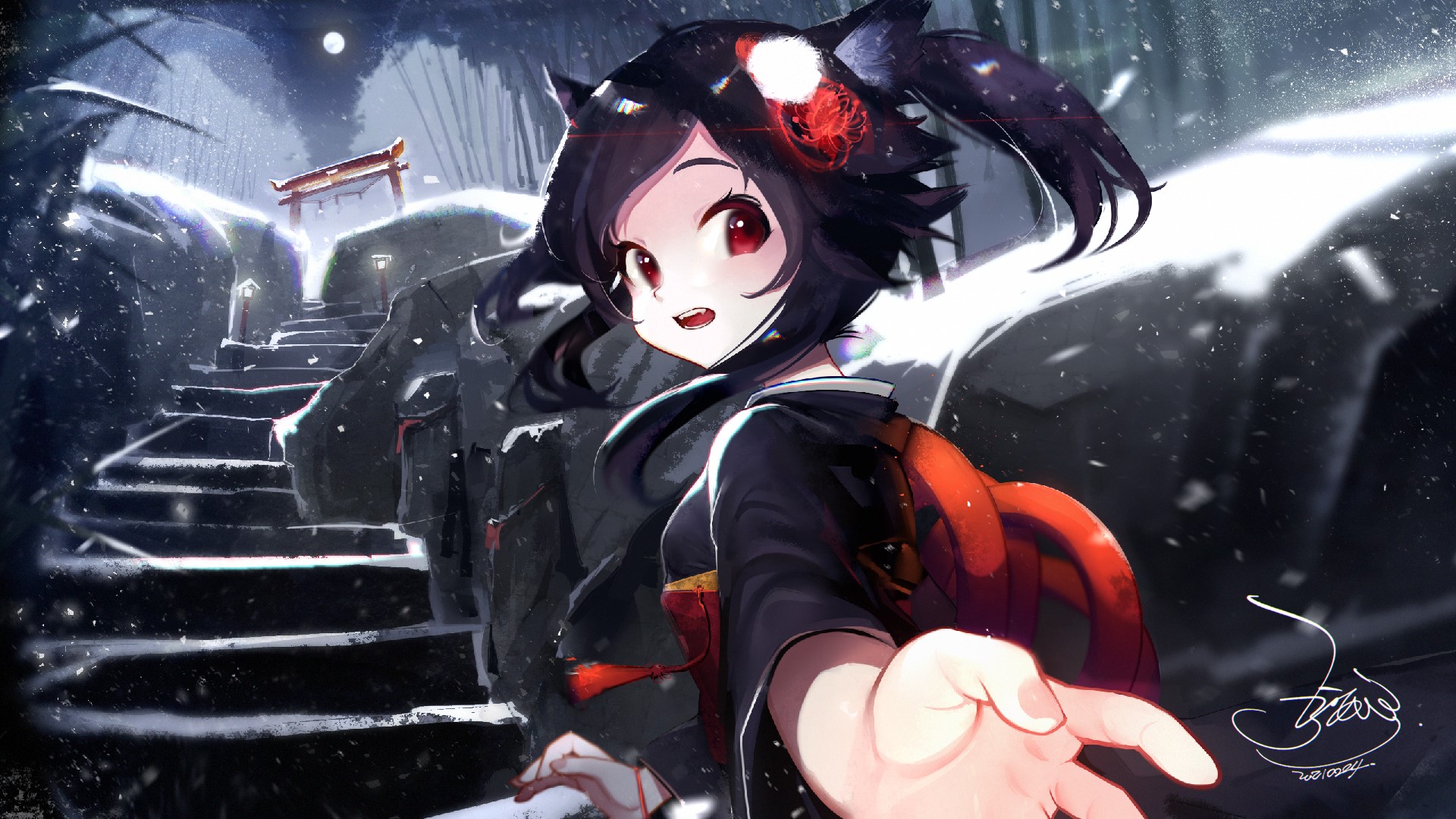 Fox girl in kimono on snowy stairs with torii HD Wallpaper