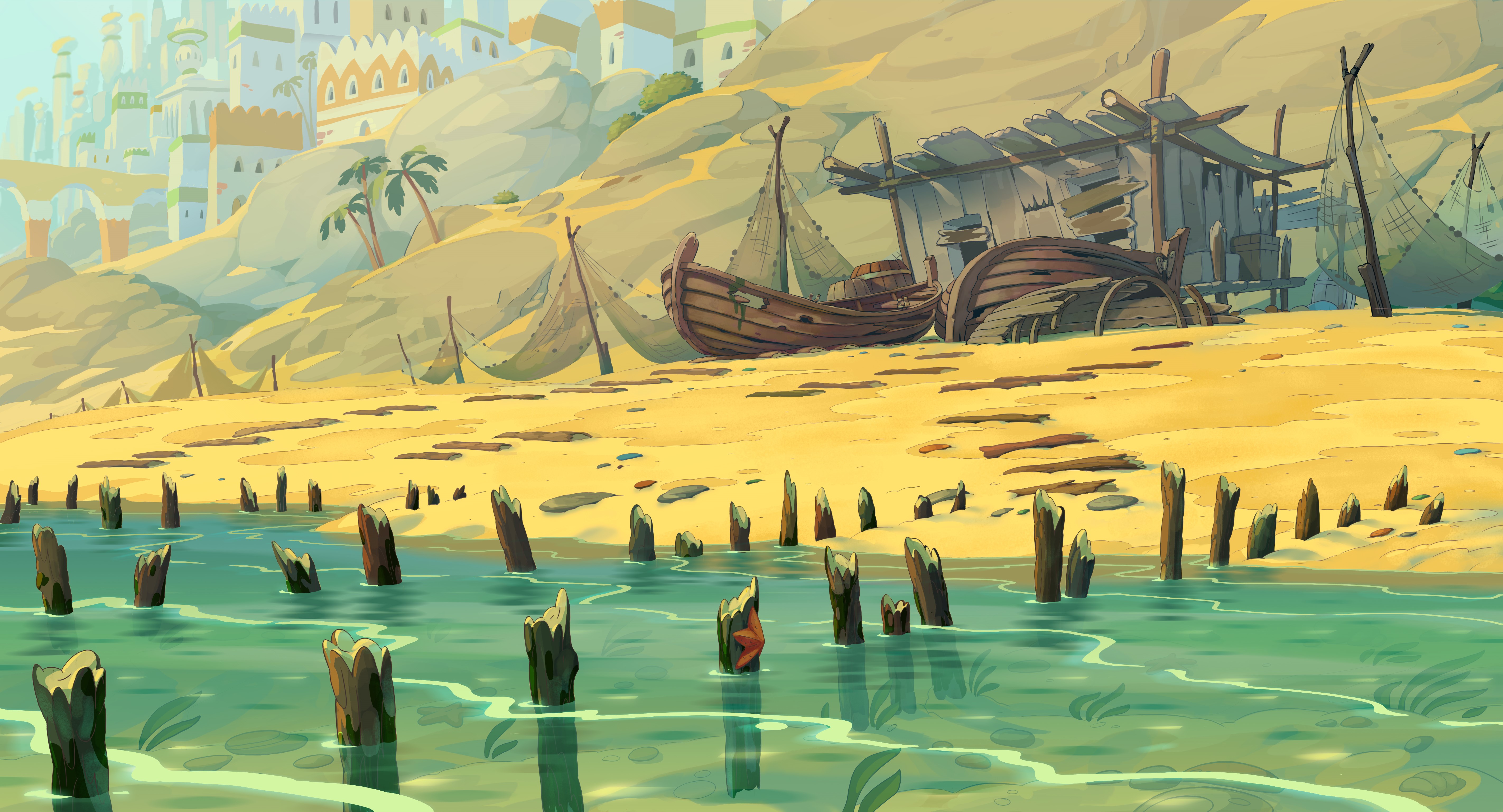 Fantasy city on a sandy shore with boats and water HD Wallpaper