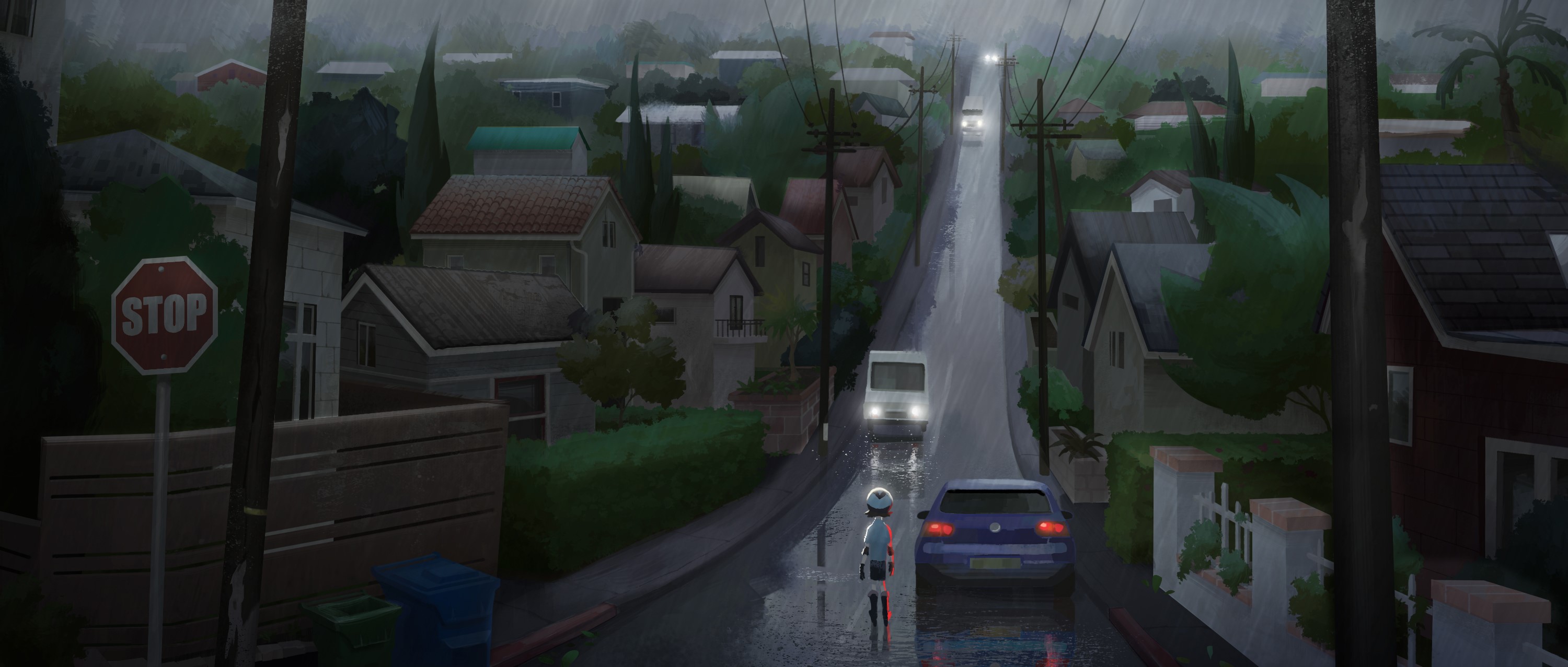 A person on a scooter in the rain on a suburban street HD Wallpaper
