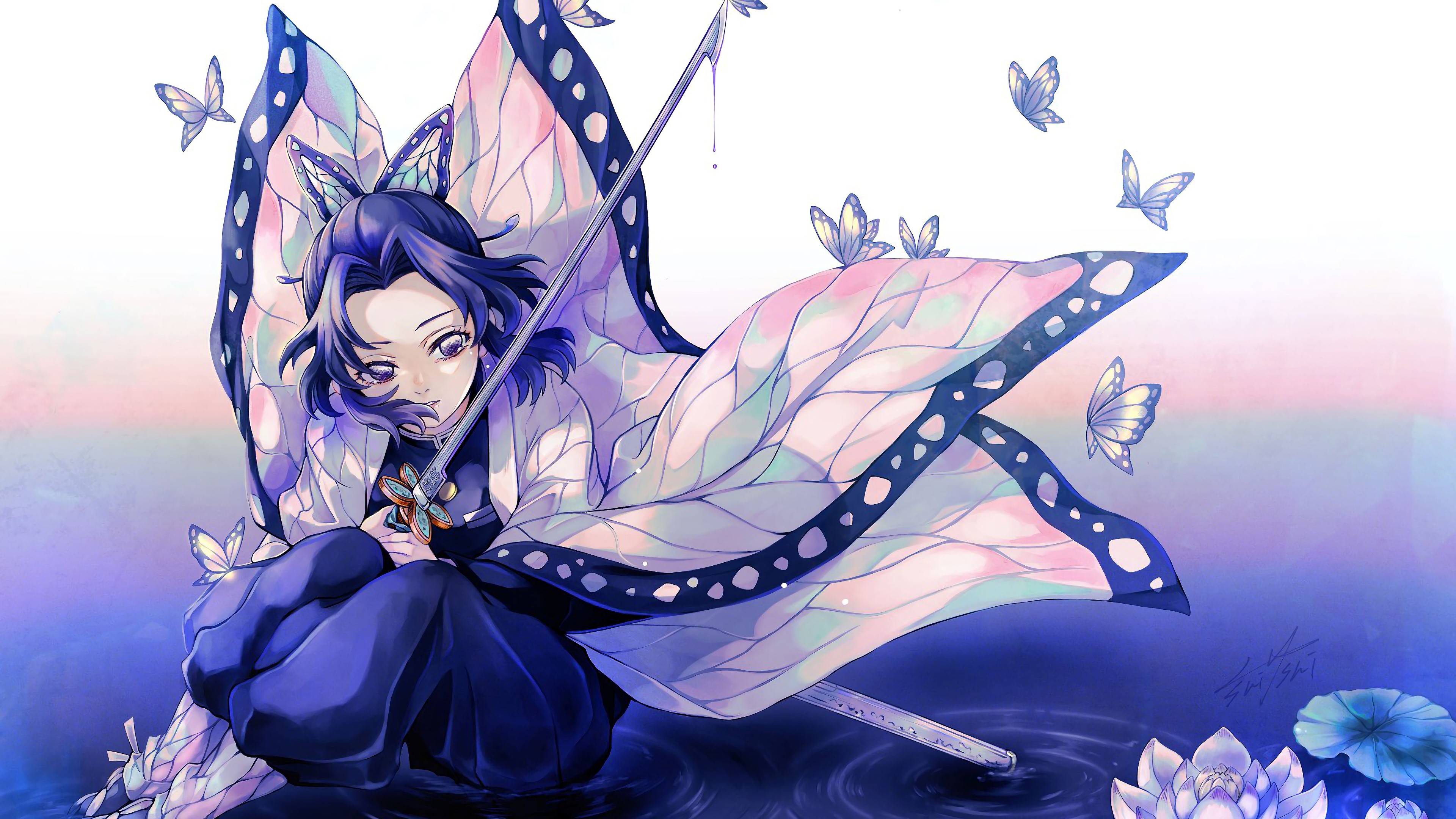 Kochou Shinobu from Kimetsu no Yaiba with butterflies HD Wallpaper