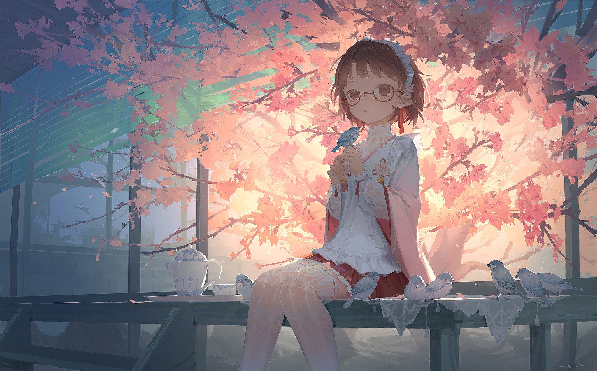 Anime girl with glasses and elf ears holding a bird HD Wallpaper