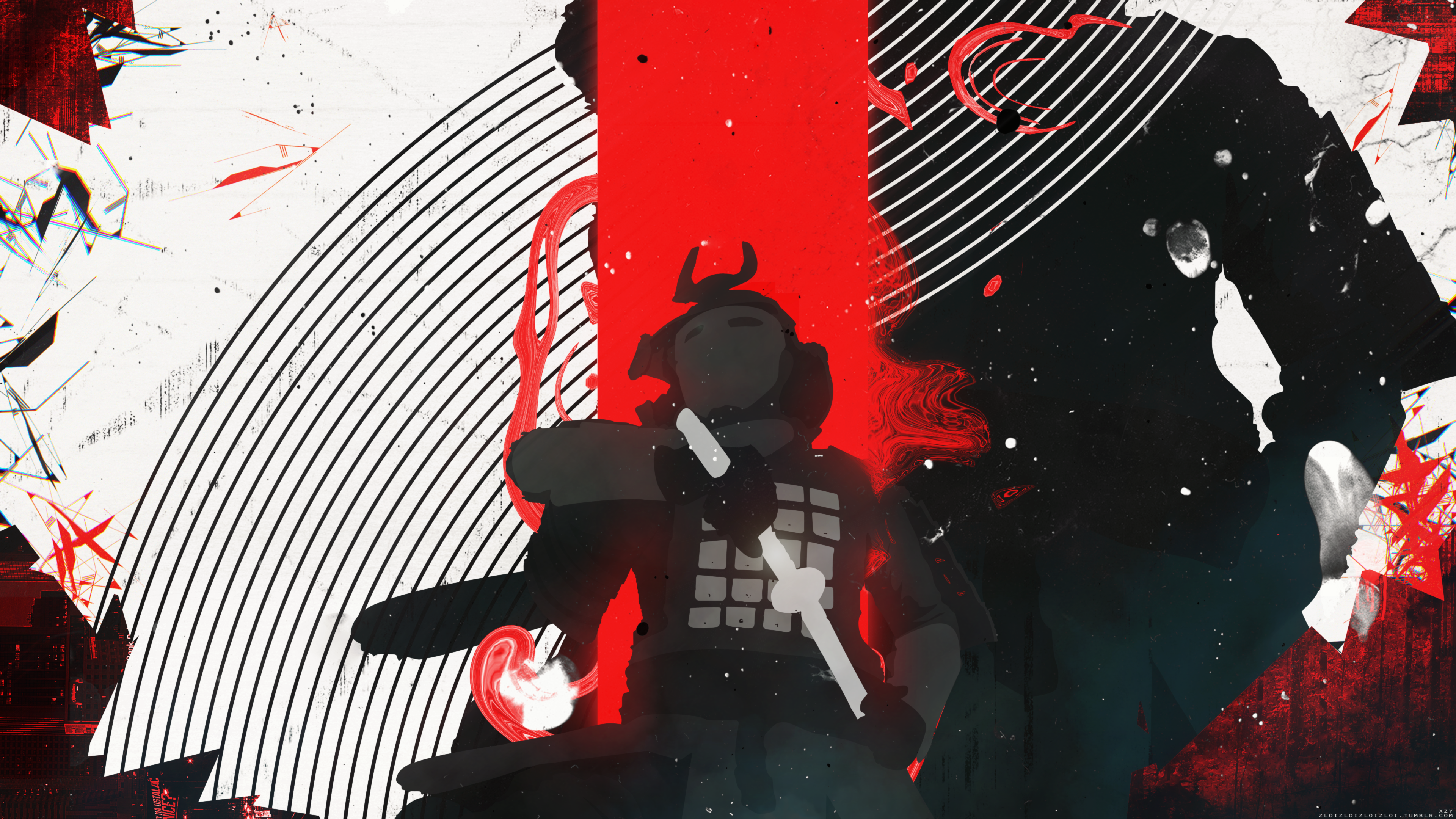 Samurai with Glitch Art and Red Abstract Elements HD Wallpaper