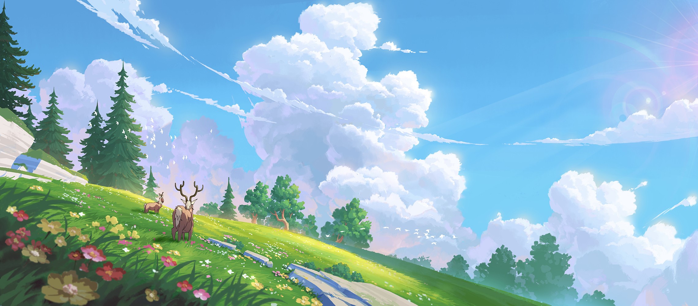 Deer in a sunny meadow with clouds HD Wallpaper