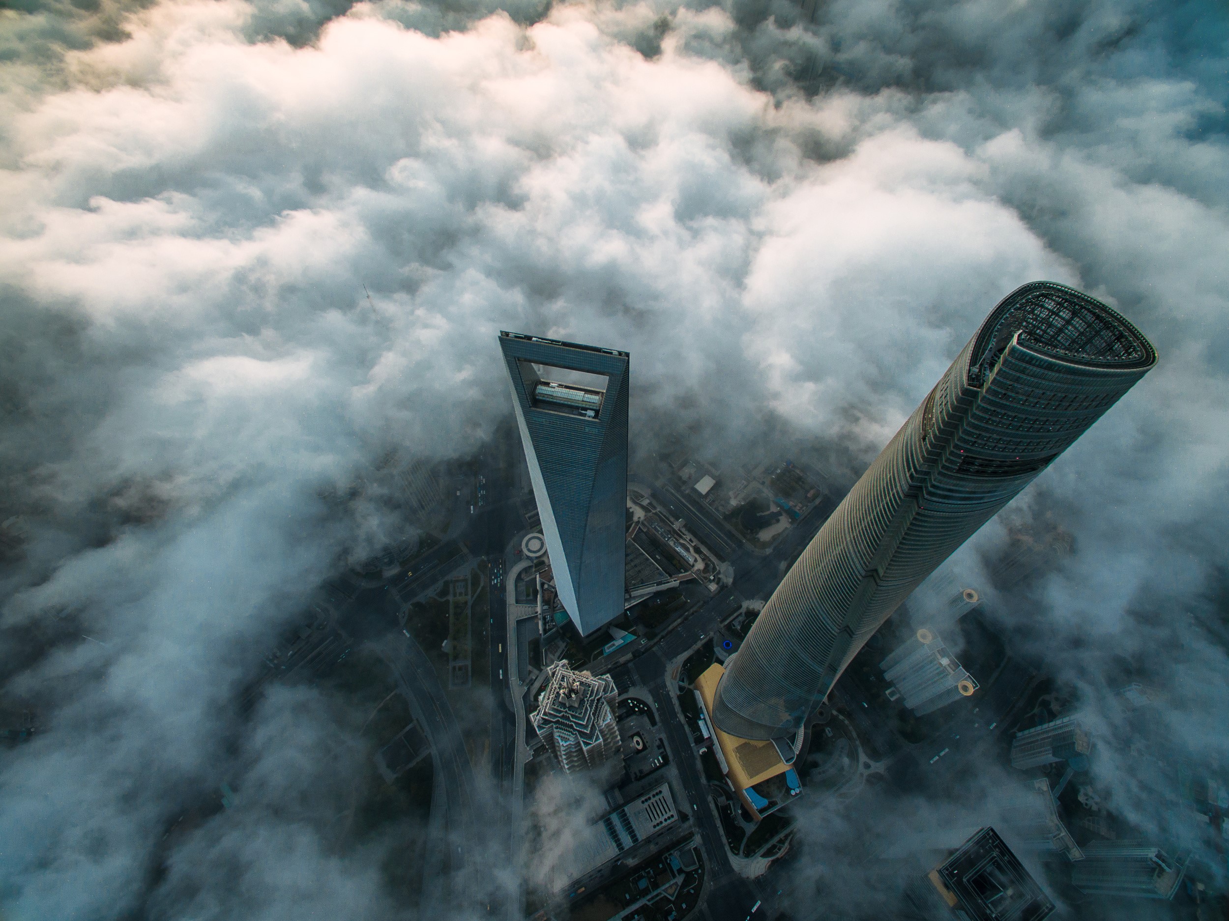 Shanghai skyscrapers above the clouds aerial view HD Wallpaper