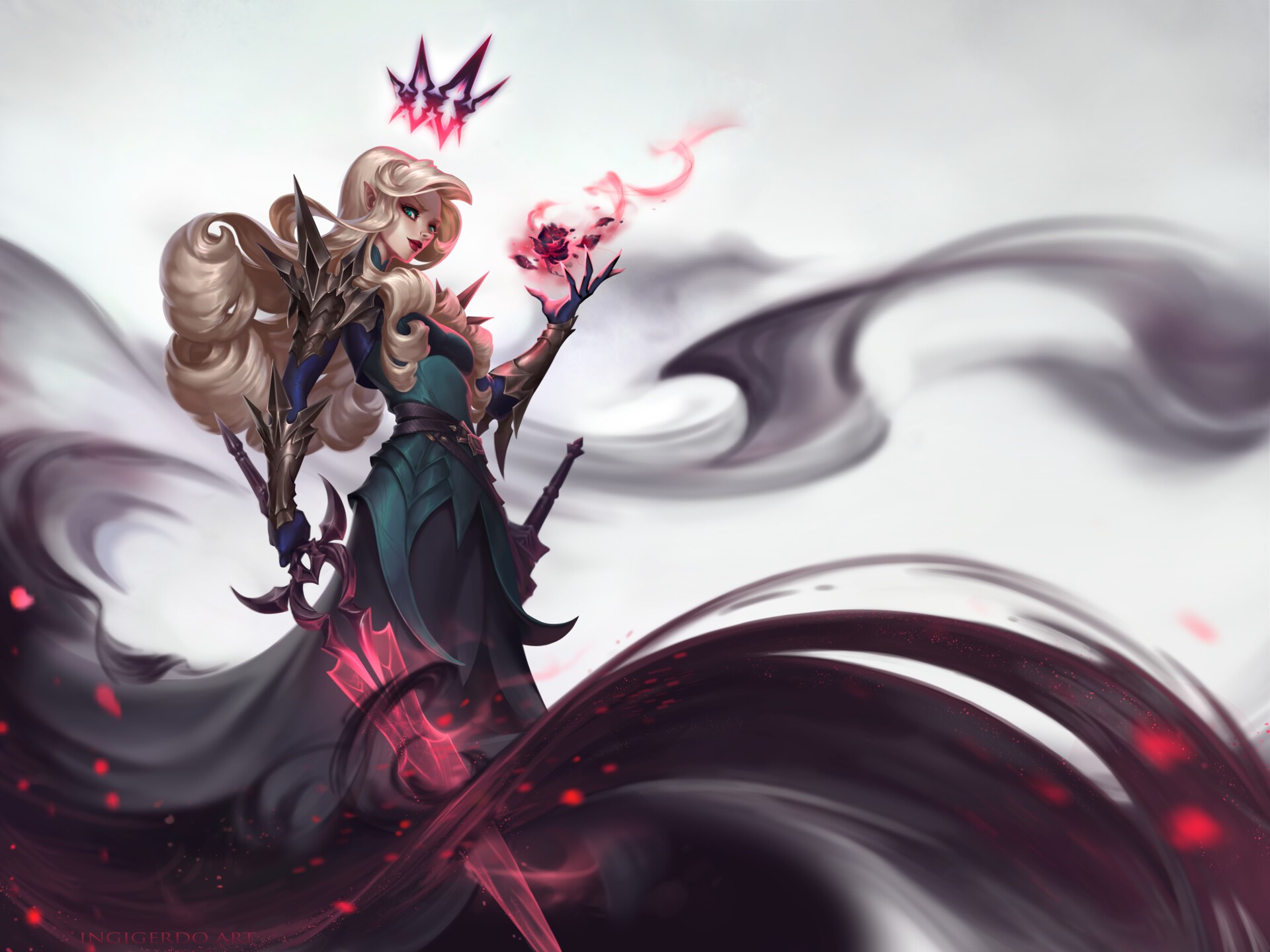 Queen with crown and sword, surrounded by dark smoke HD Wallpaper