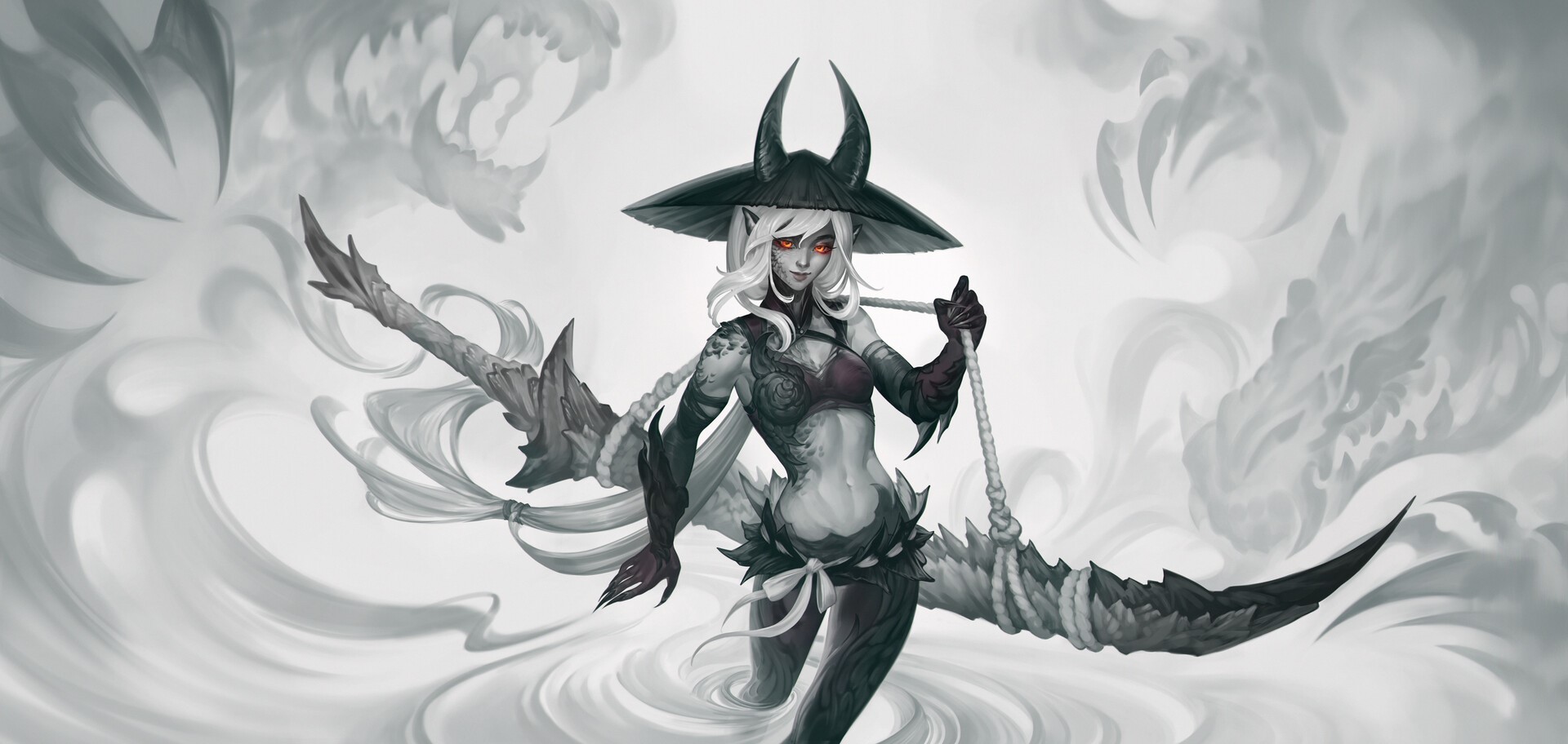 Fantasy girl with horns and scythe HD Wallpaper