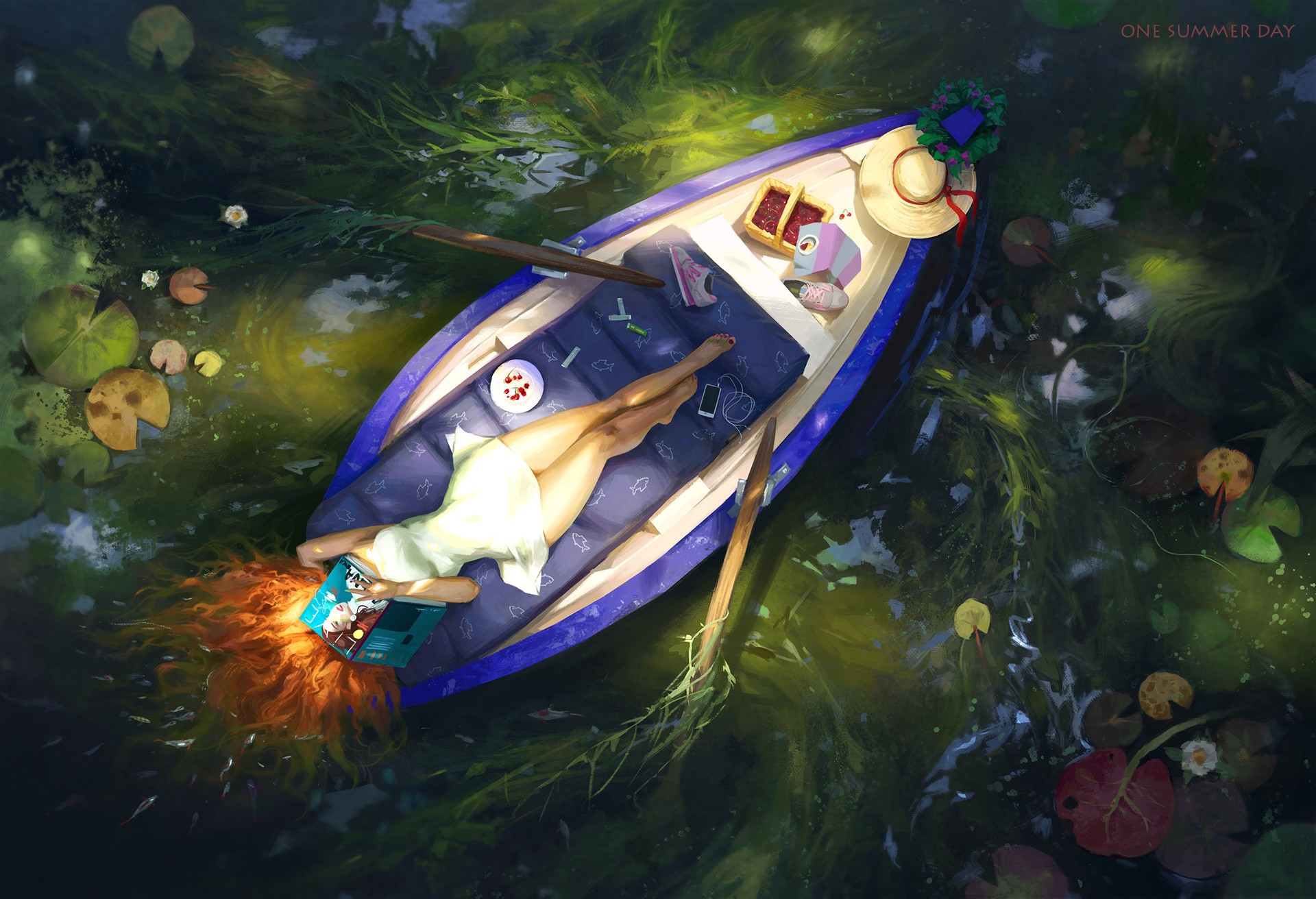 Woman relaxing in a boat on a summer day HD Wallpaper