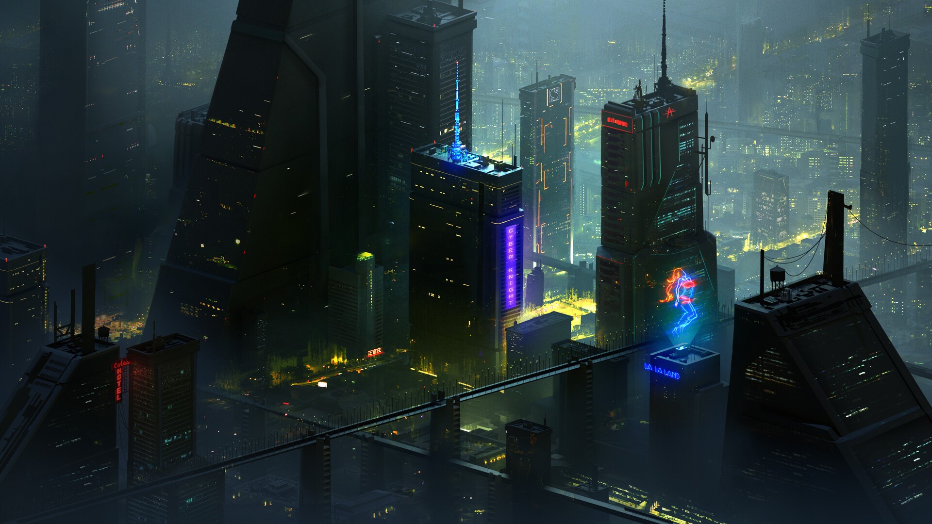 Futuristic cityscape with glowing skyscrapers at night HD Wallpaper