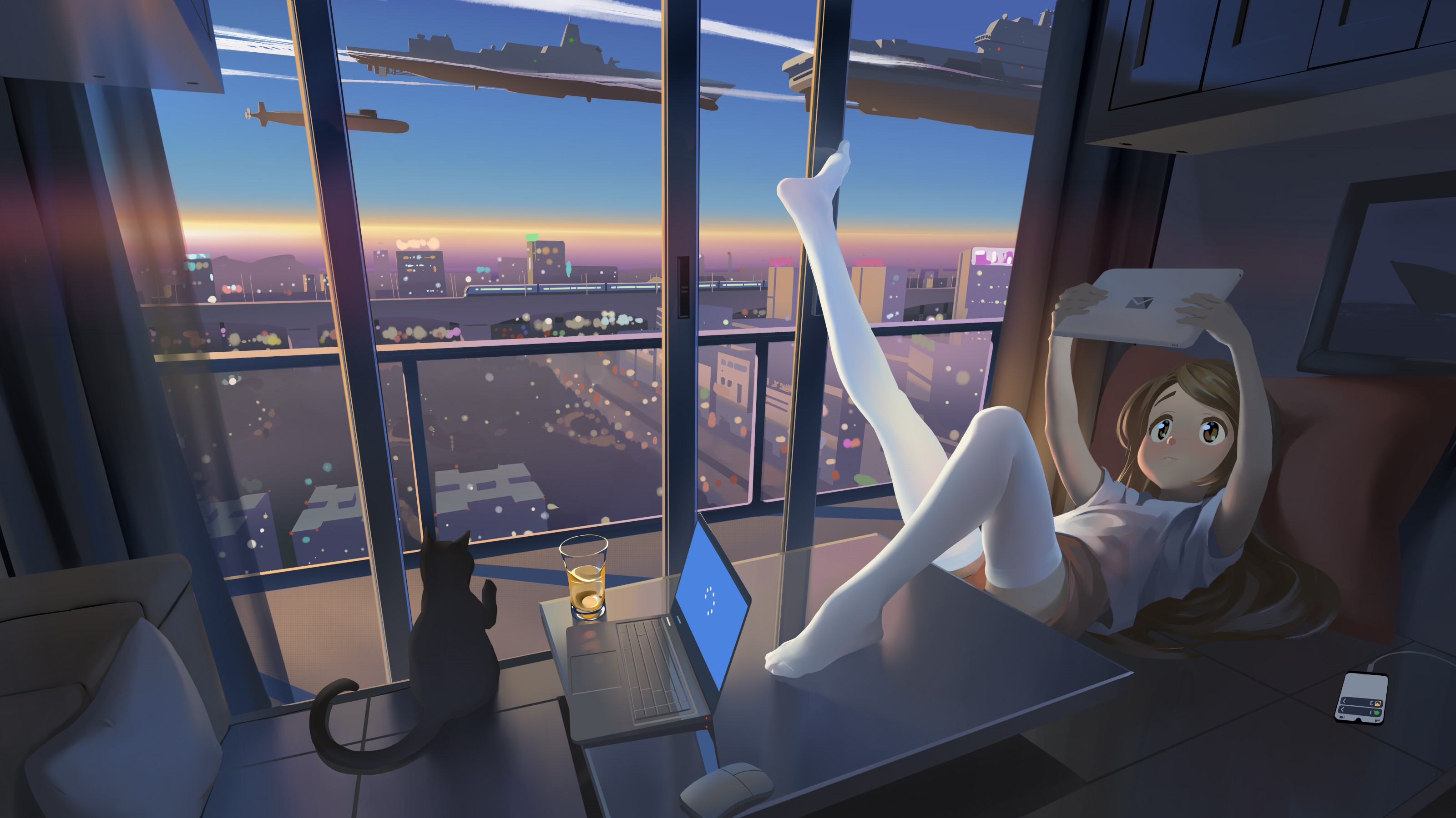 Anime girl with cat on balcony overlooking city at sunset HD Wallpaper