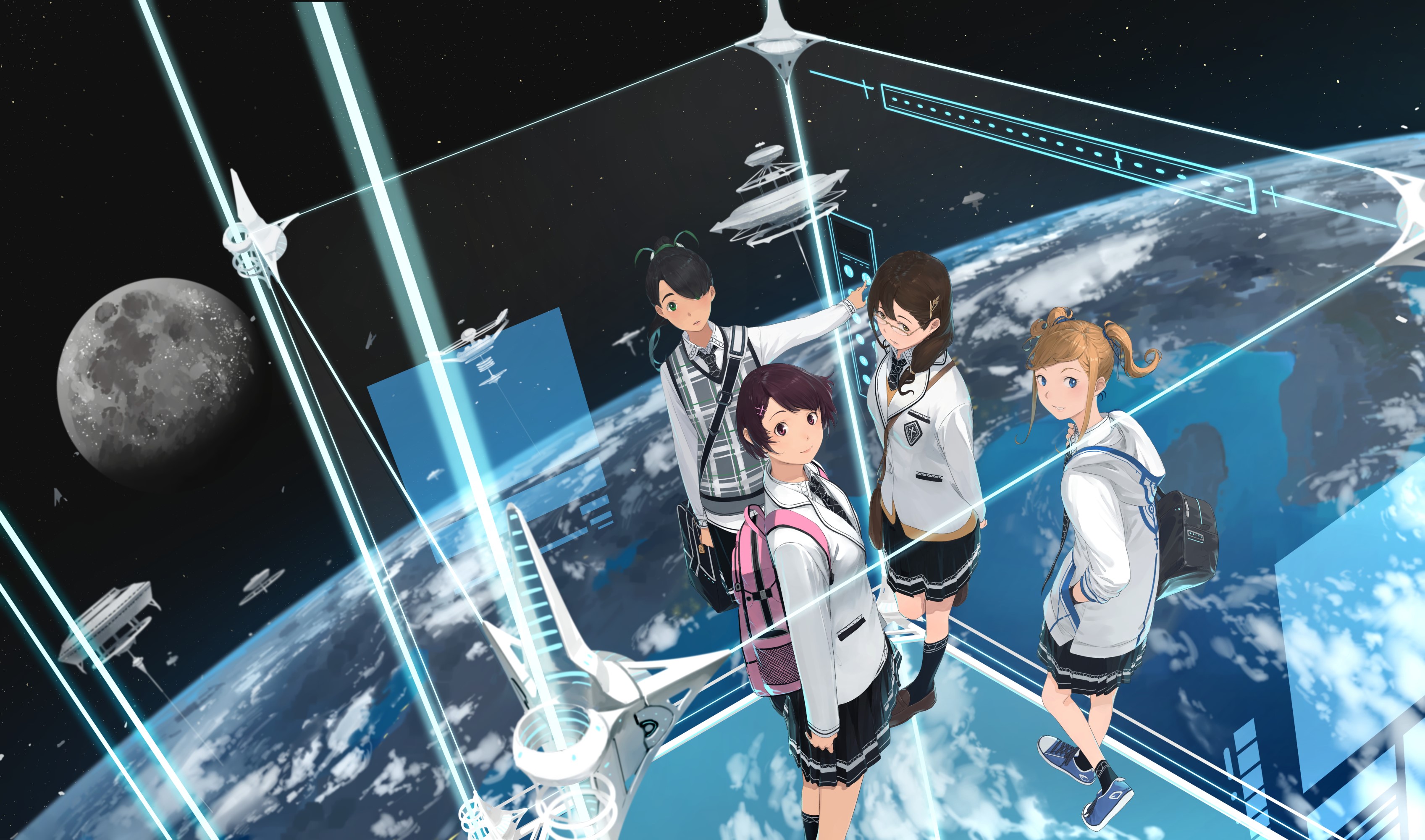 Anime girls in school uniforms in space with Earth and Moon HD Wallpaper