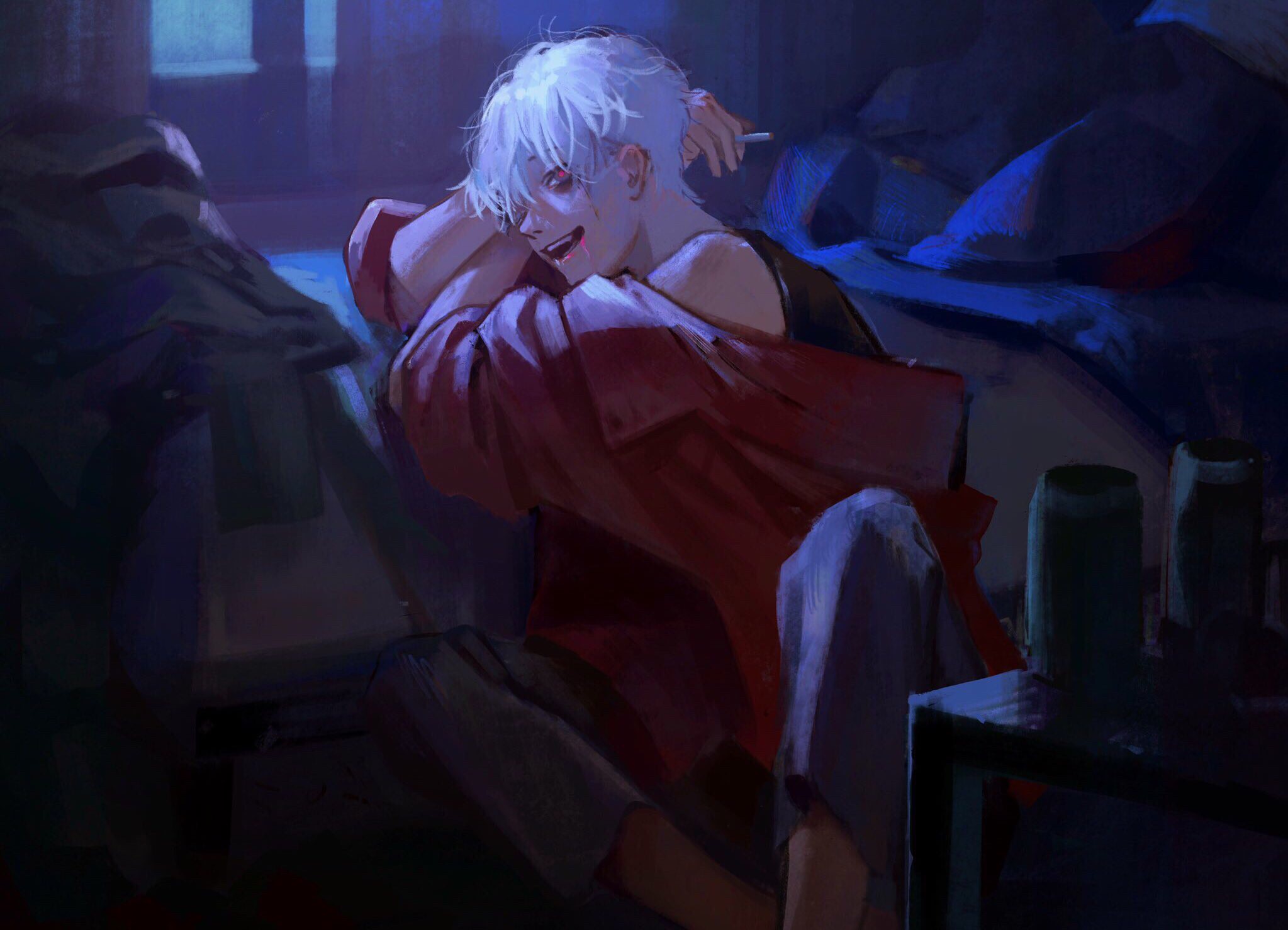 Anime boy with white hair smoking indoors HD Wallpaper